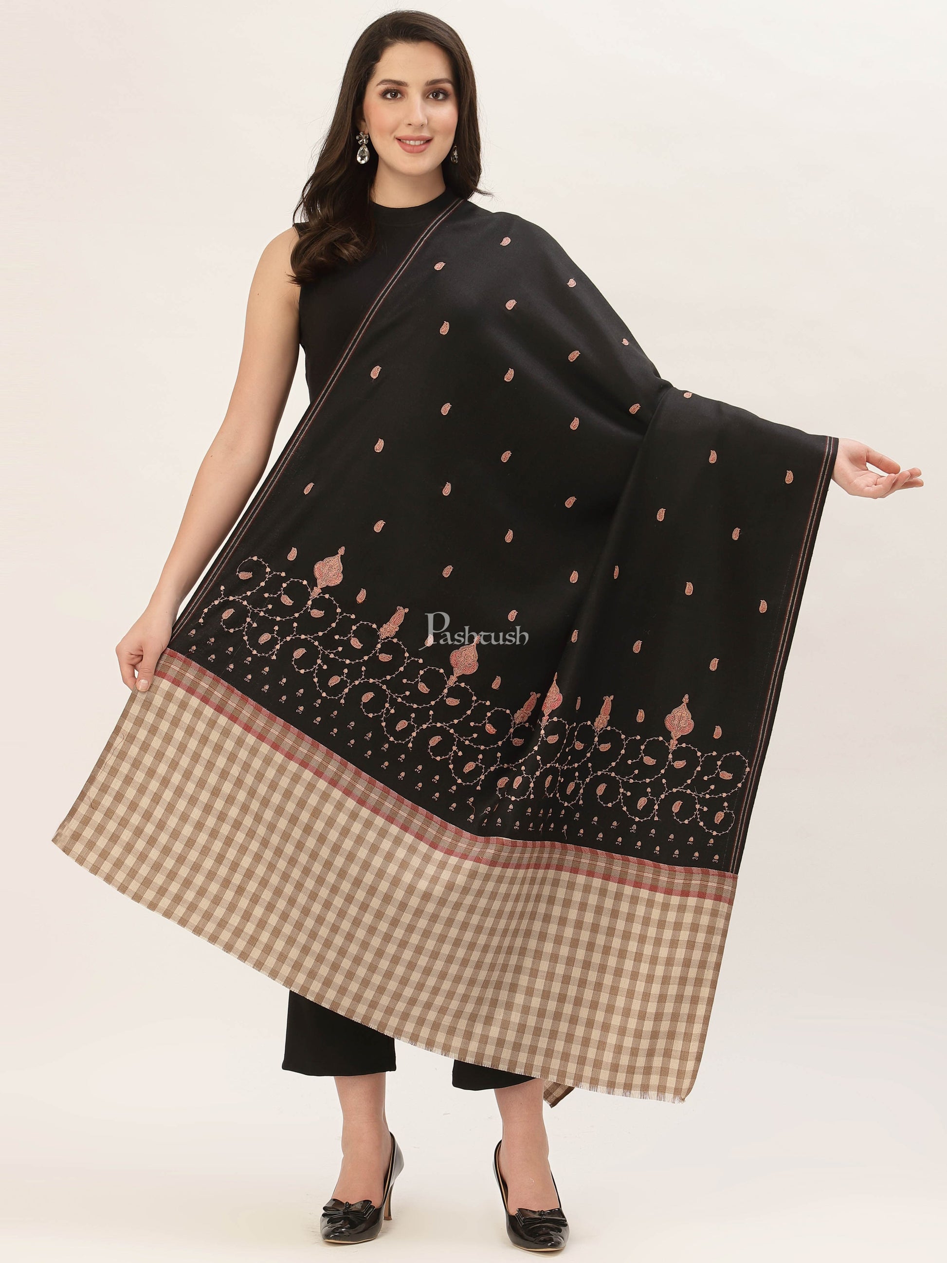 Pashtush India Womens Shawls Pashtush Womens Kashmiri Shawl, Woollen, Stitched Palla, Needlework, Embroidery Beige