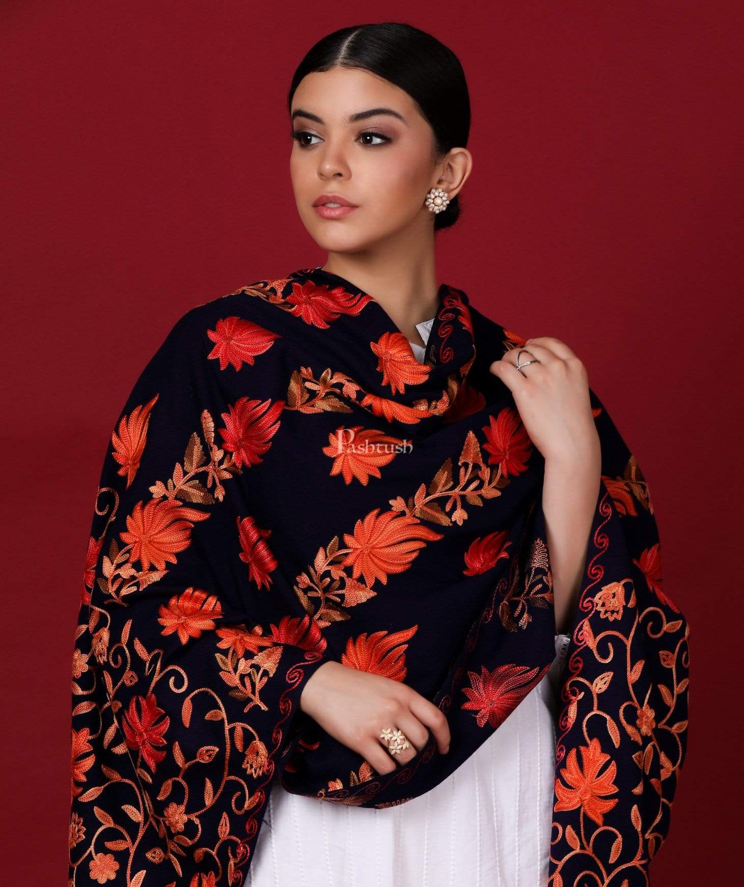 Pashtush Store Stole Pashtush Womens Kashmiri Stole, Aari Embroidery, Chinaar Design