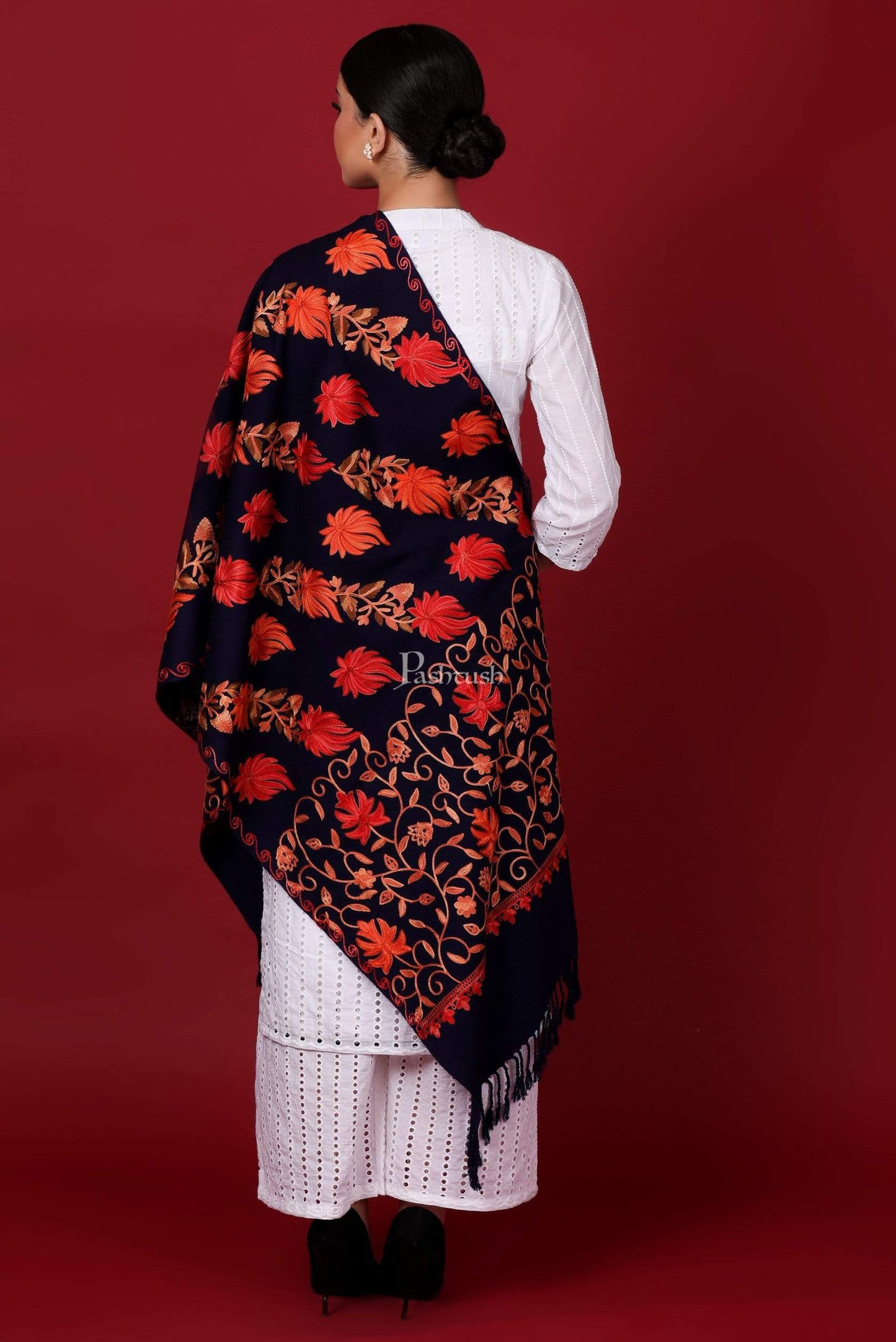 Pashtush Store Stole Pashtush Womens Kashmiri Stole, Aari Embroidery, Chinaar Design