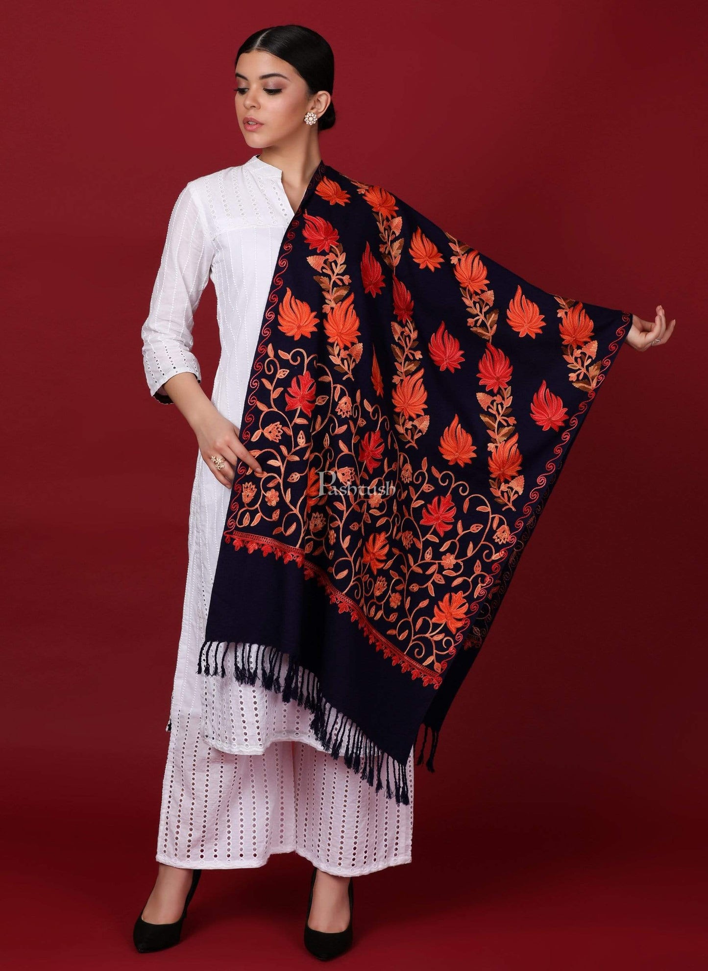 Pashtush Store Stole Pashtush Womens Kashmiri Stole, Aari Embroidery, Chinaar Design