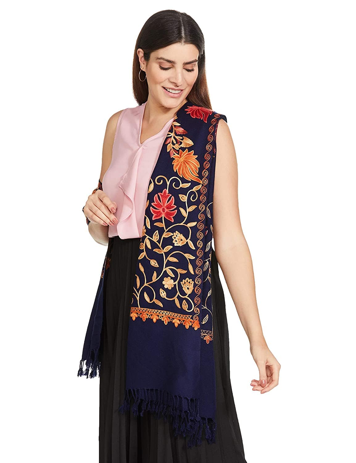 Pashtush India 70x200 Pashtush Womens Kashmiri Stole, Aari Embroidery, Chinaar Design Navy Blue
