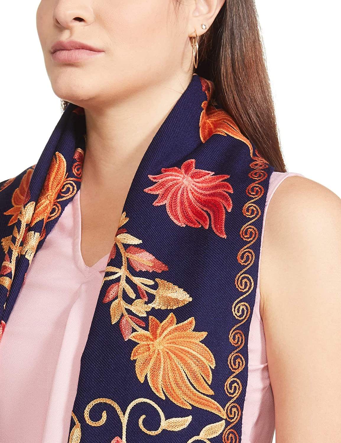 Pashtush India 70x200 Pashtush Womens Kashmiri Stole, Aari Embroidery, Chinaar Design Navy Blue