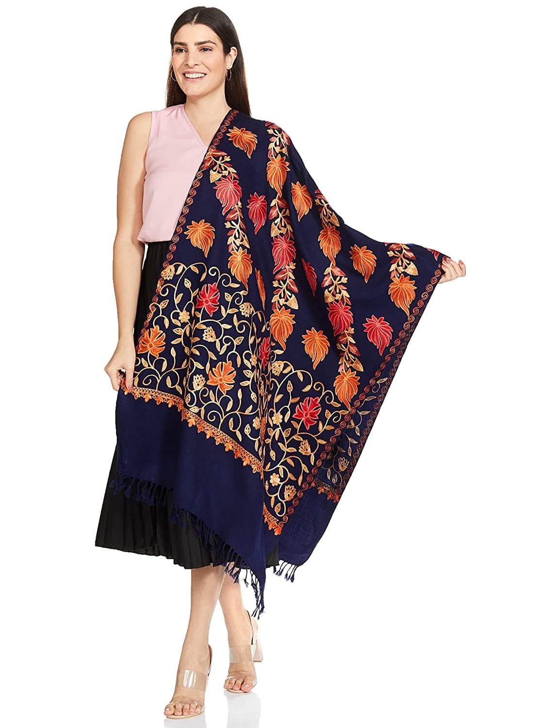 Pashtush India 70x200 Pashtush Womens Kashmiri Stole, Aari Embroidery, Chinaar Design Navy Blue