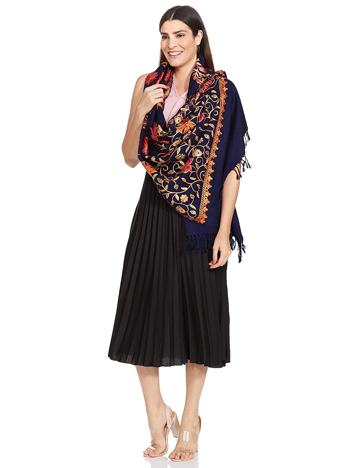 Pashtush India 70x200 Pashtush Womens Kashmiri Stole, Aari Embroidery, Chinaar Design Navy Blue