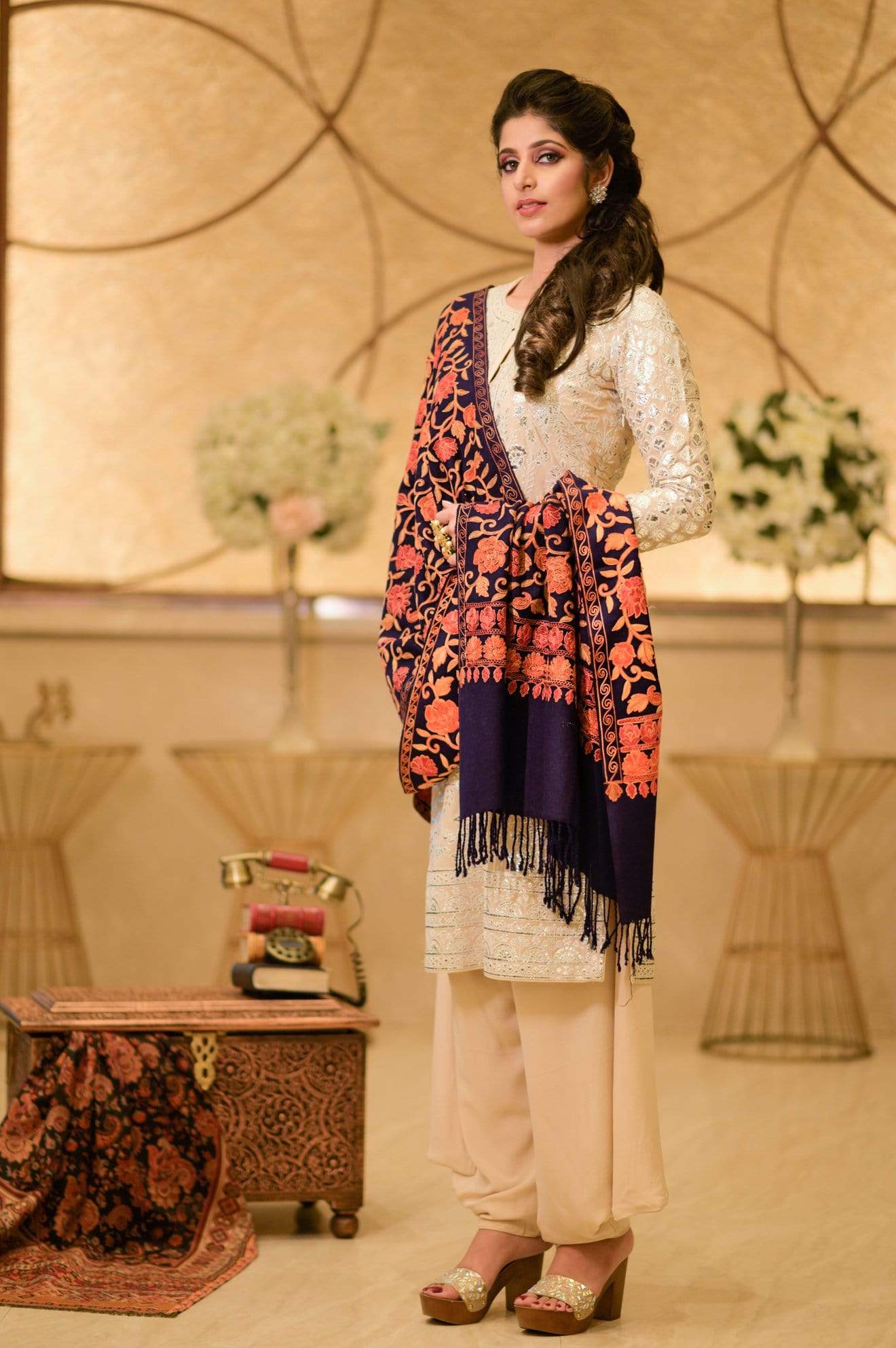 Pashtush Store Stole Pashtush Womens Kashmiri Stole, Aari Embroidery, Navy Blue