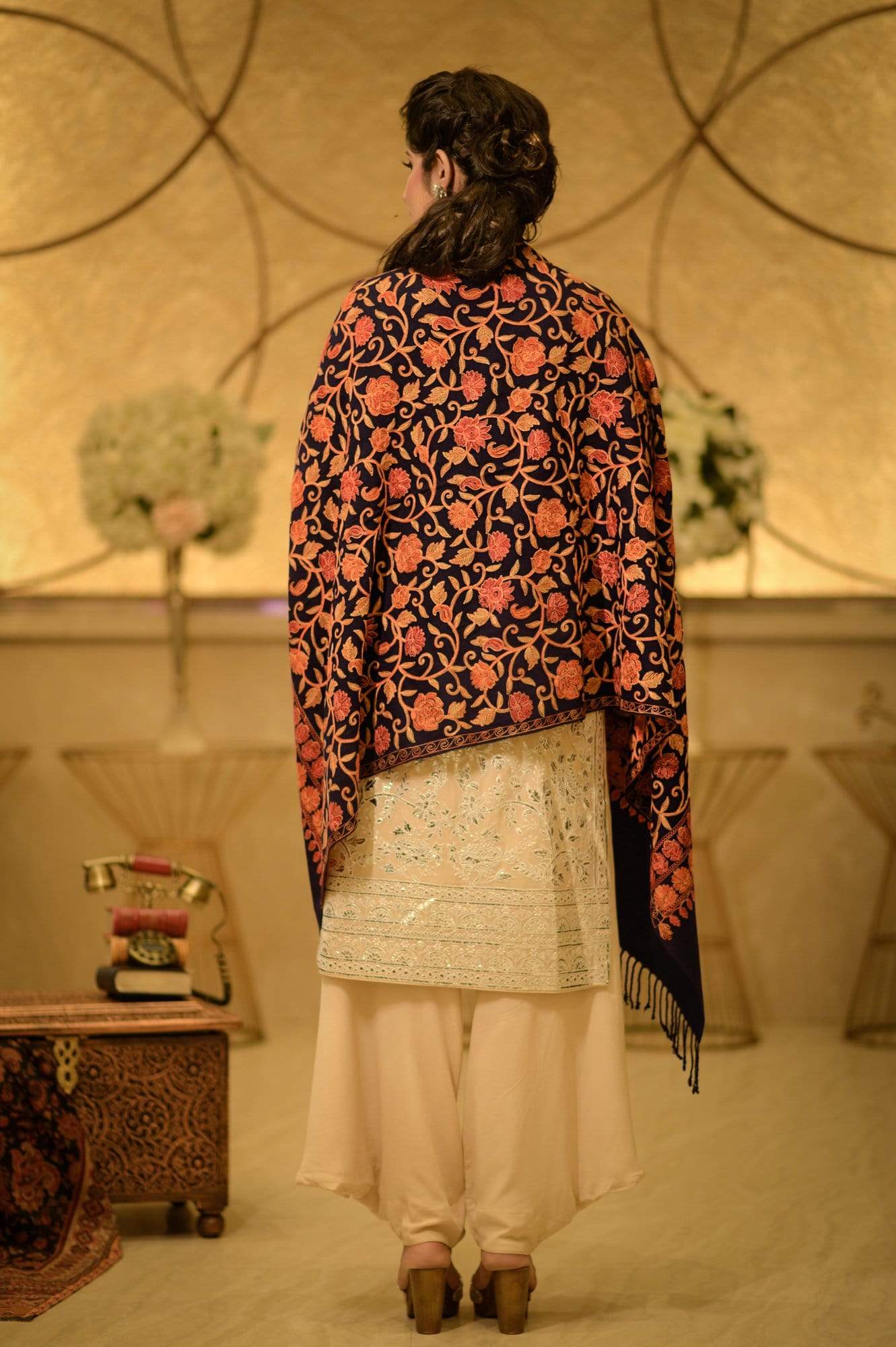 Pashtush Store Stole Pashtush Womens Kashmiri Stole, Aari Embroidery, Navy Blue