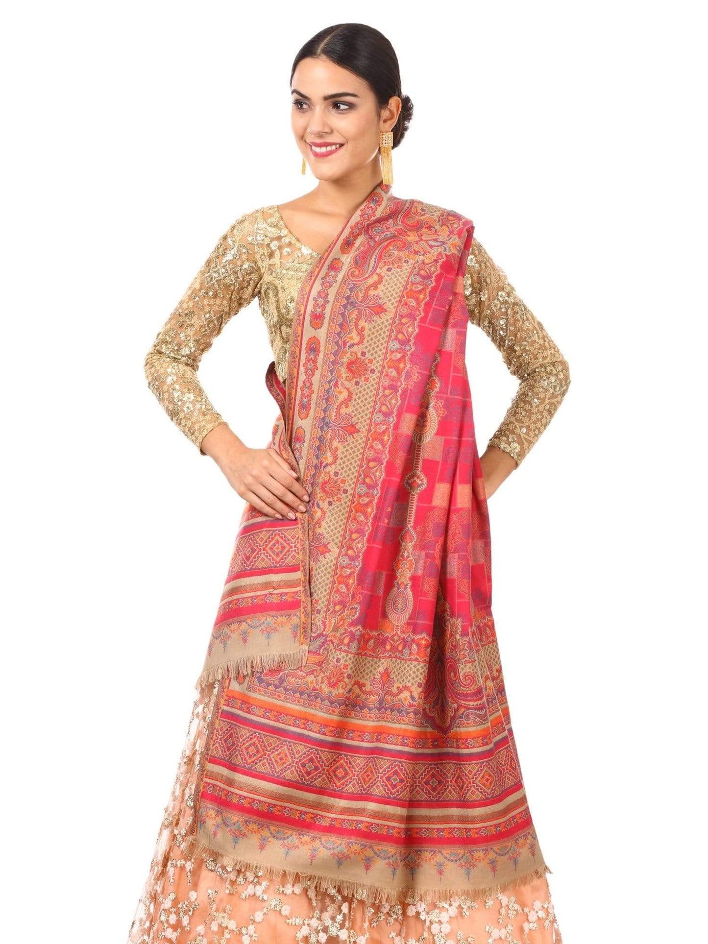 Pashtush Shawl Store Shawl Pashtush Womens Kullu Jamawar Shawl, Faux Pashmina - Pink