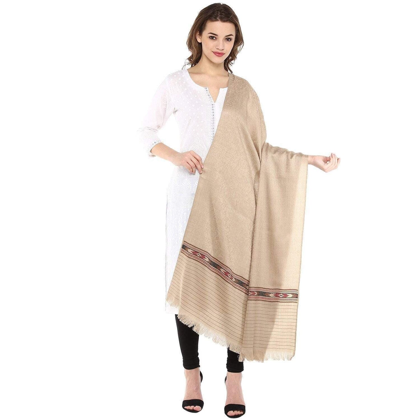 Pashtush India 100x200 Pashtush Womens Kullu Weave Shawl from Himachal, Beige