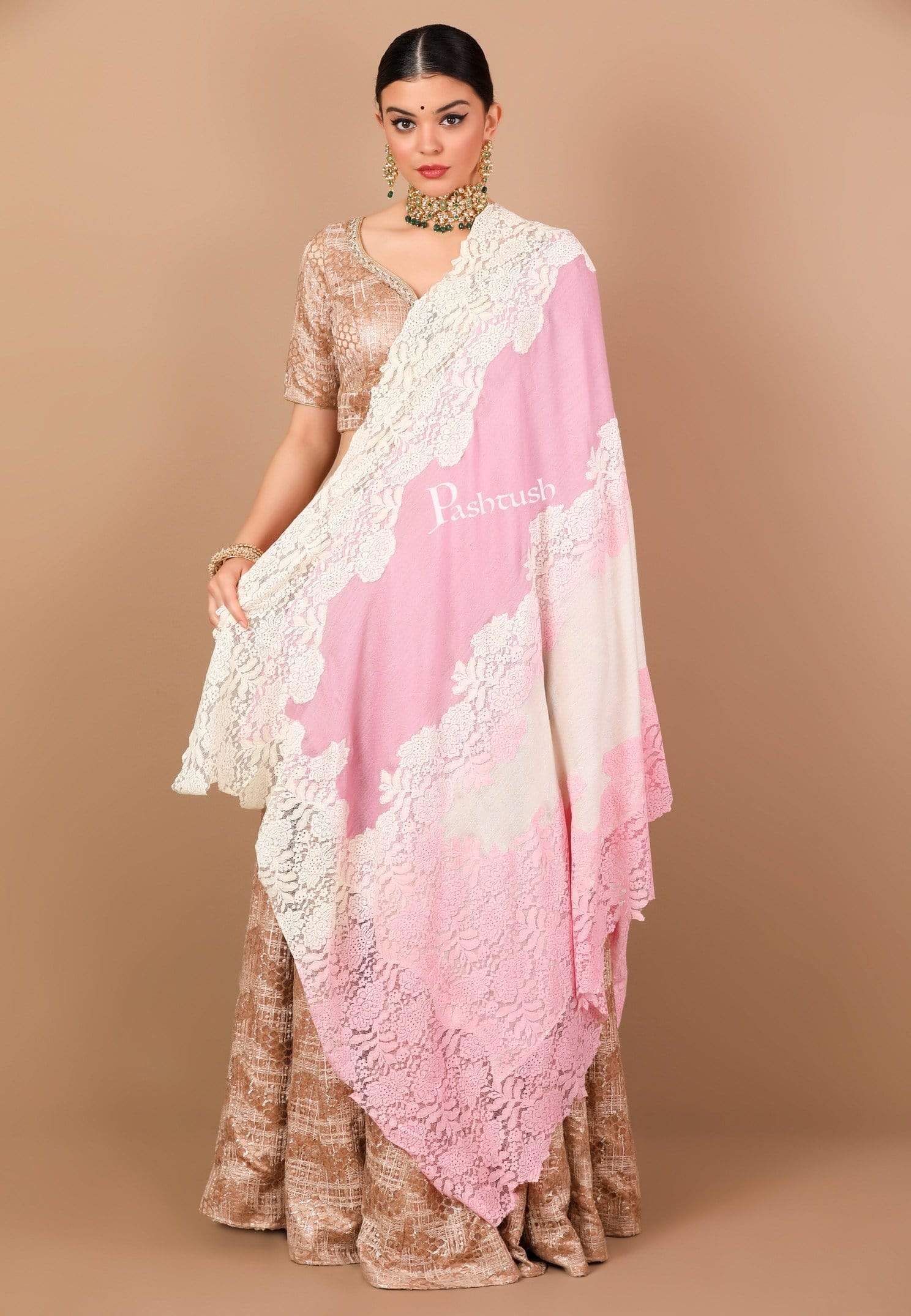 Pashtush India 70x200 Pashtush Womens L'Amour Lace Shawl Collection, Ivory and Soft Pink