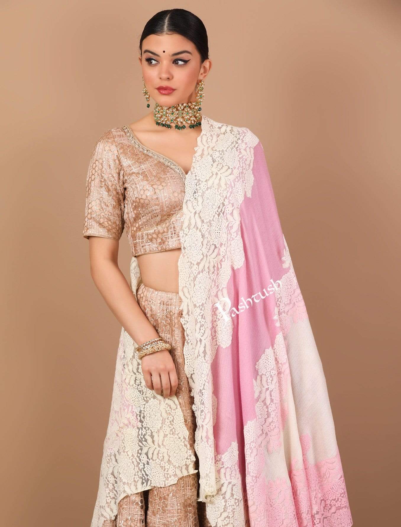 Pashtush India 70x200 Pashtush Womens L'Amour Lace Shawl Collection, Ivory and Soft Pink