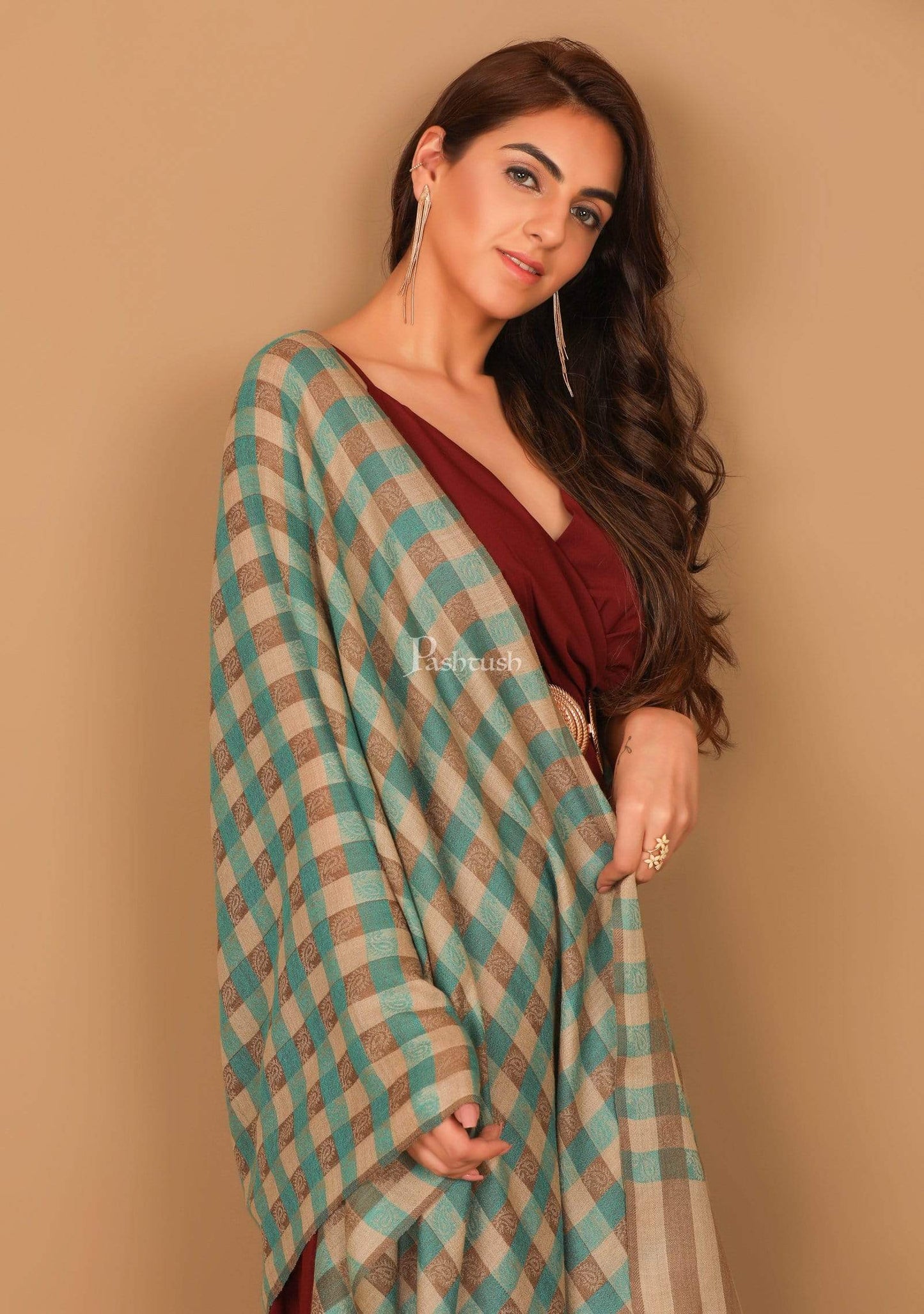 Pashtush India Stole Pashtush Womens Luxury Wool Check Scarf, Reversible, Extra-Fine, Arabic Blue and Beige