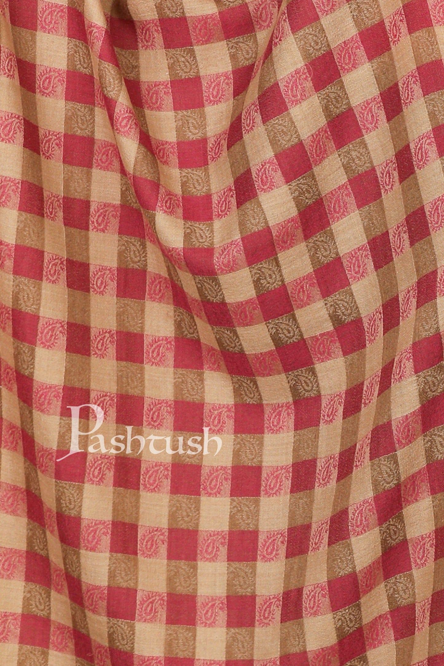 Pashtush India Stole Pashtush Womens Luxury Wool Check Scarf, Reversible, Extra-Fine, Beige and Pink
