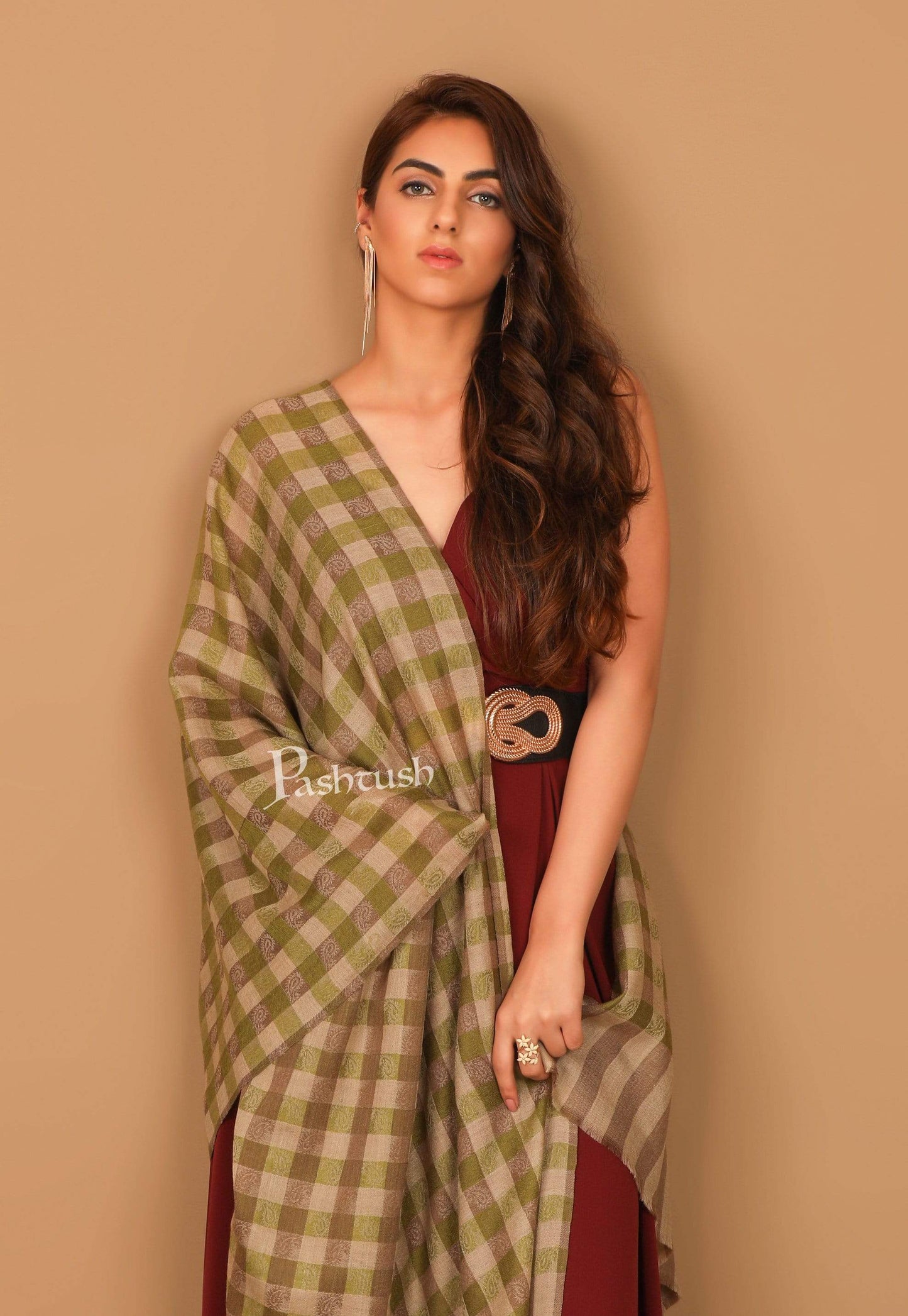 Pashtush India Stole Pashtush Womens Luxury Wool Check Scarf,  Reversible, Extra-Fine, Beige and Sea Green
