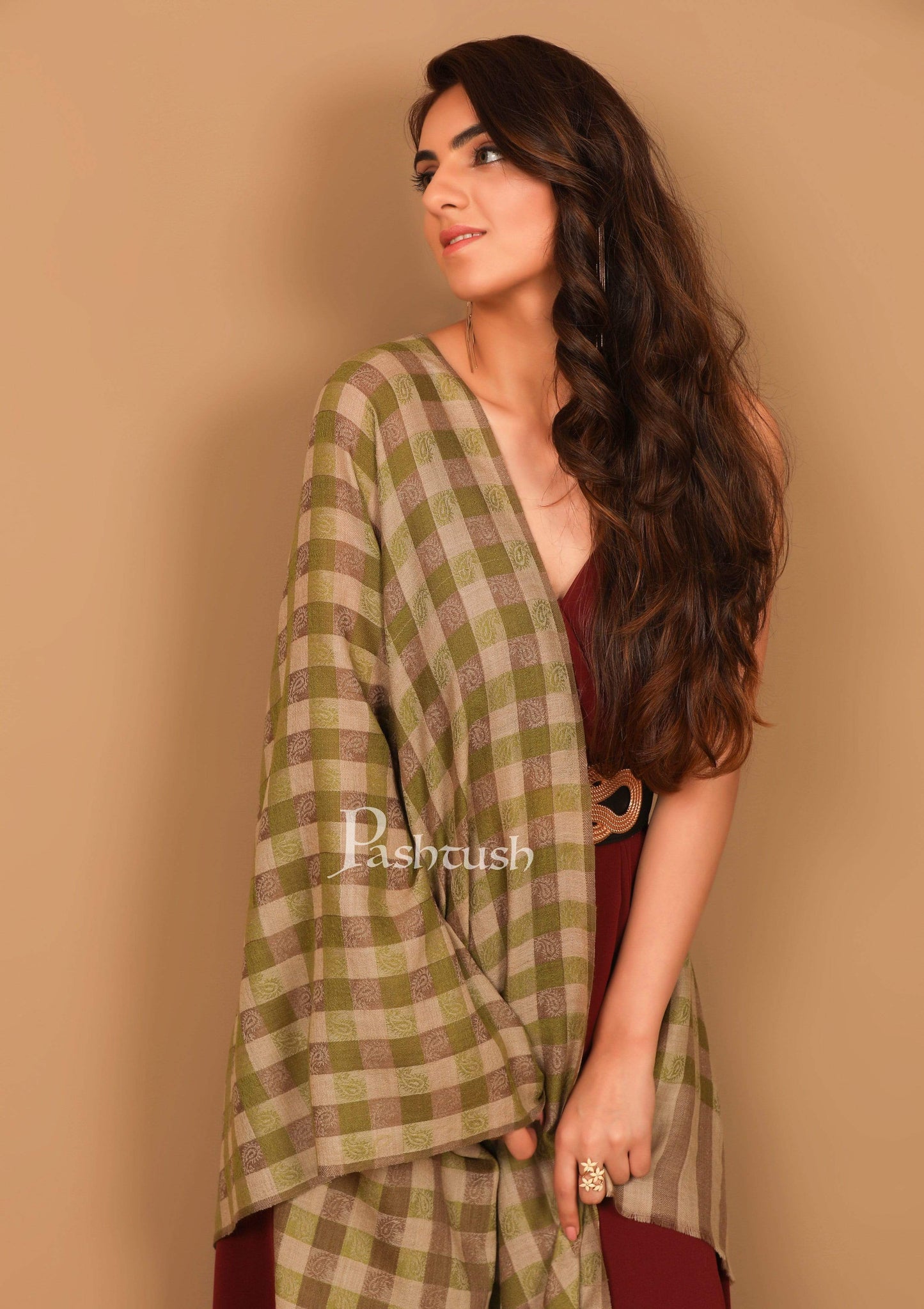 Pashtush India Stole Pashtush Womens Luxury Wool Check Scarf, Reversible, Extra-Fine, Beige and Sea Green