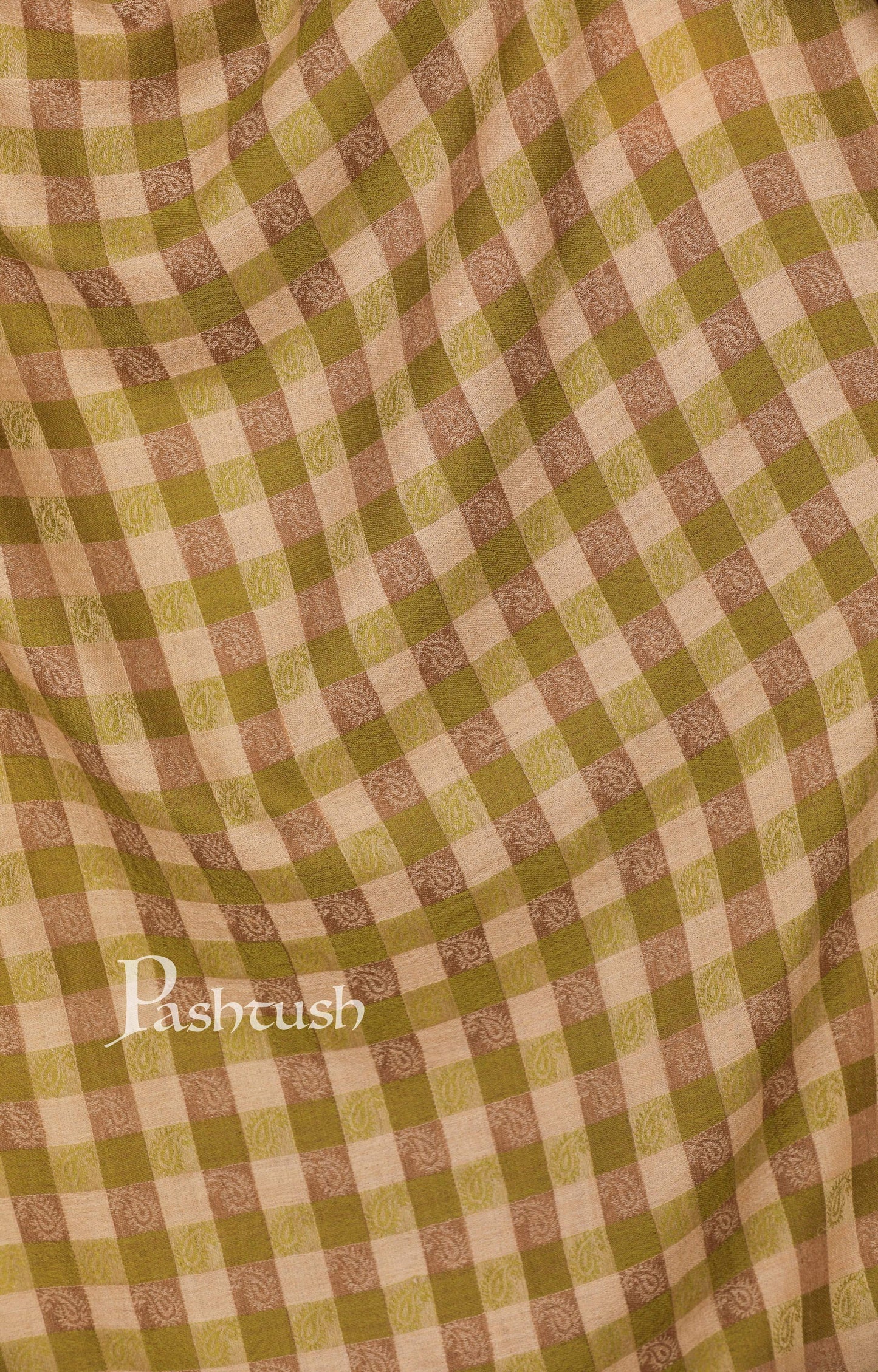 Pashtush India Stole Pashtush Womens Luxury Wool Check Scarf,  Reversible, Extra-Fine, Beige and Sea Green