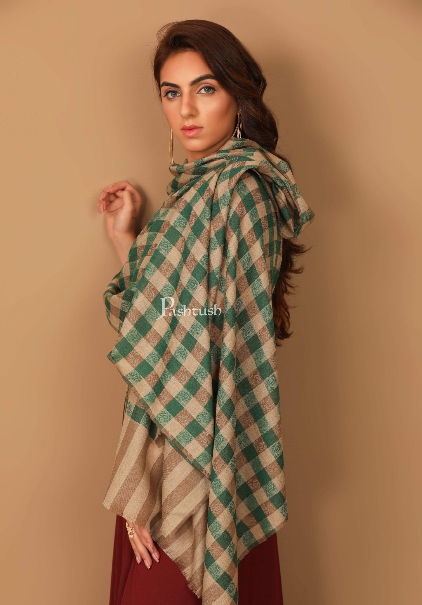 Pashtush India 70x200 Pashtush Womens Luxury Wool Check Scarf,  Reversible, Extra-Fine, Jade Colour