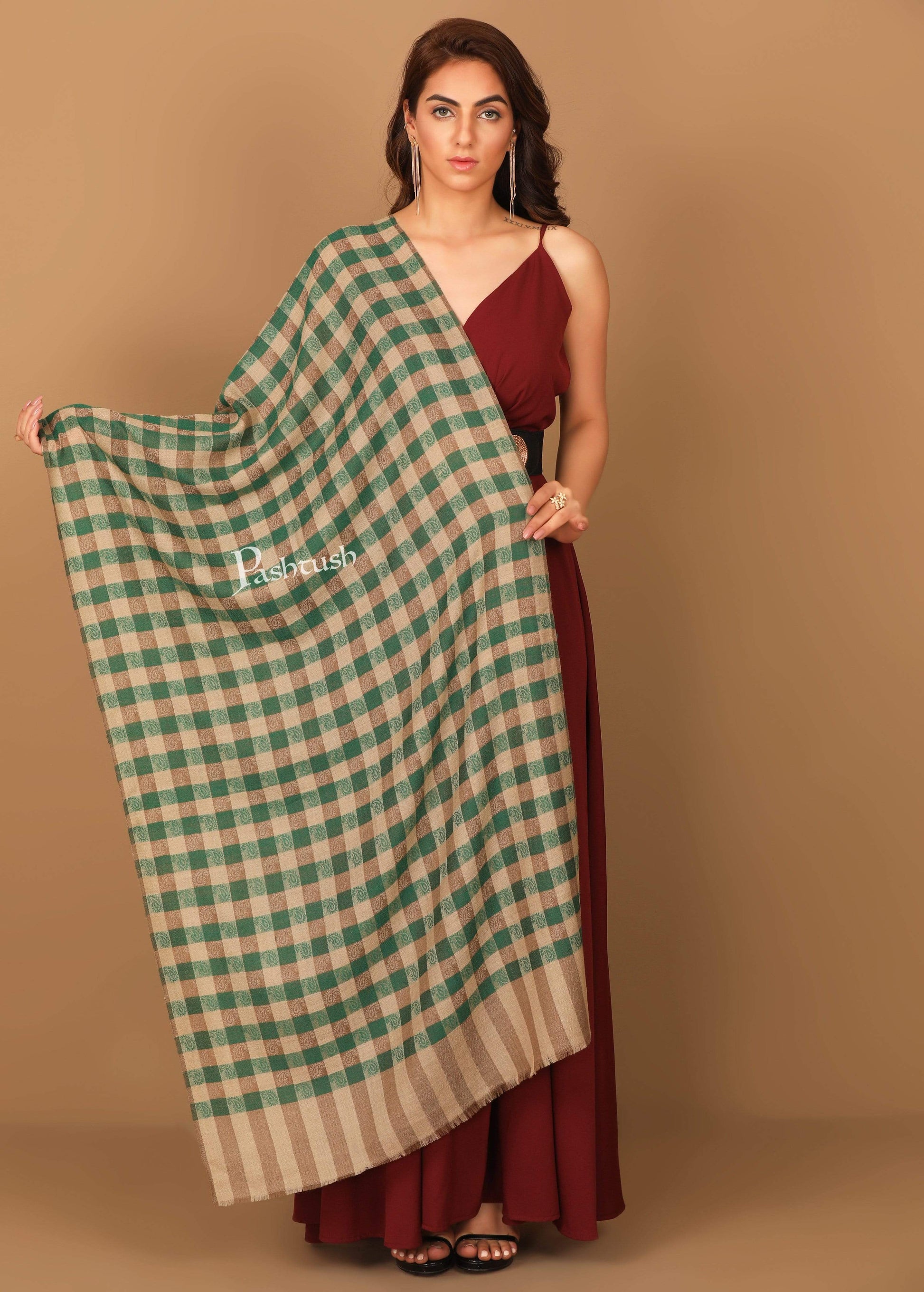 Pashtush India 70x200 Pashtush Womens Luxury Wool Check Scarf,  Reversible, Extra-Fine, Jade Colour