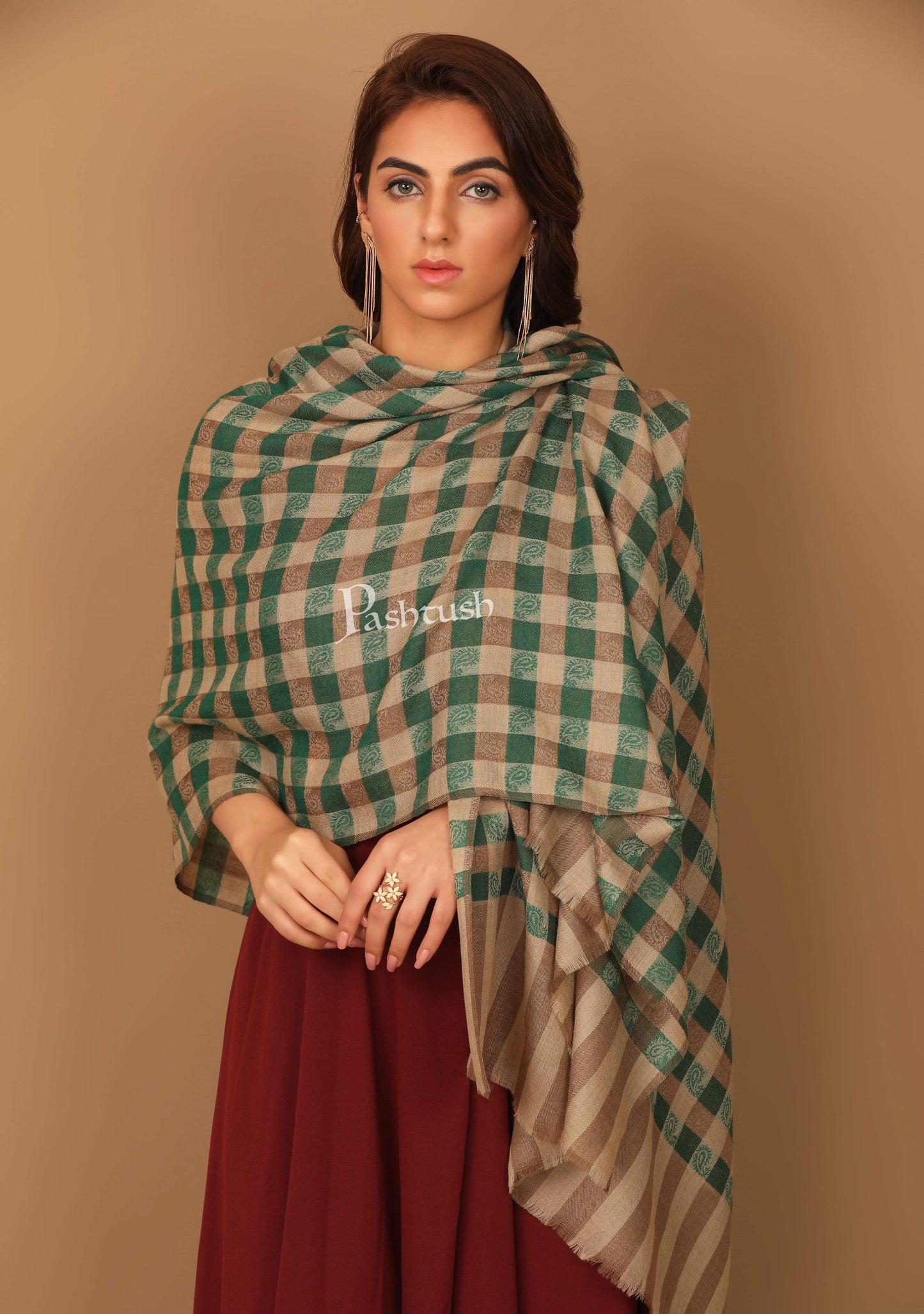 Pashtush India 70x200 Pashtush Womens Luxury Wool Check Scarf, Reversible, Extra-Fine, Jade Colour