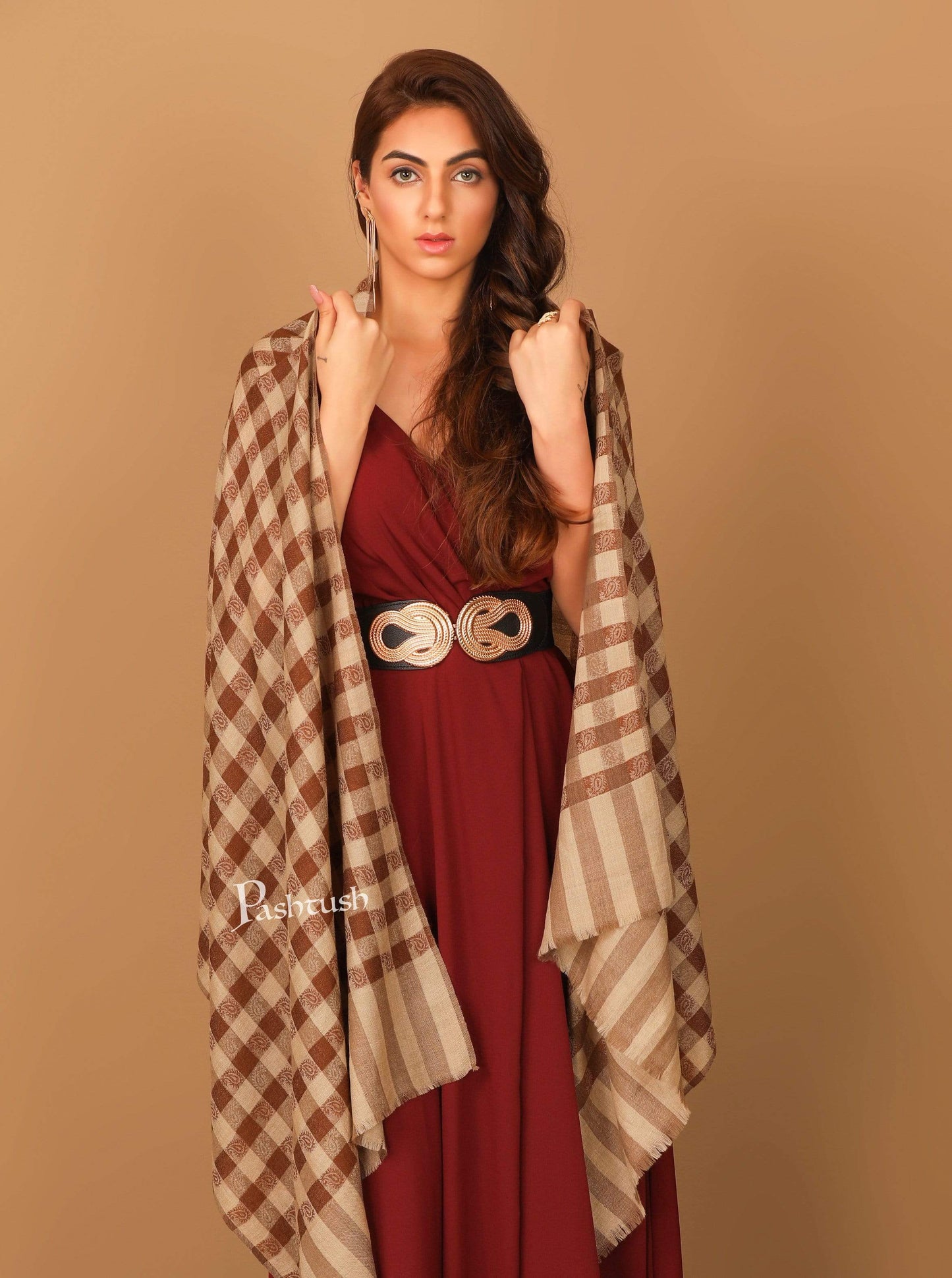 Pashtush India 70x200 Pashtush Womens Luxury Wool Check Scarf, Reversible, Extra-Fine, Mocha Brown