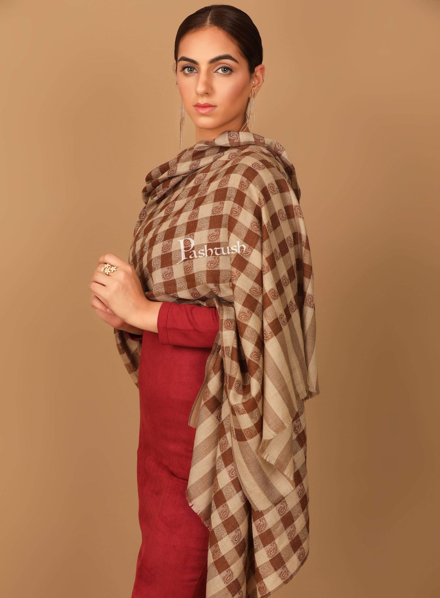 Pashtush India 70x200 Pashtush Womens Luxury Wool Check Scarf, Reversible, Extra-Fine, Mocha Brown