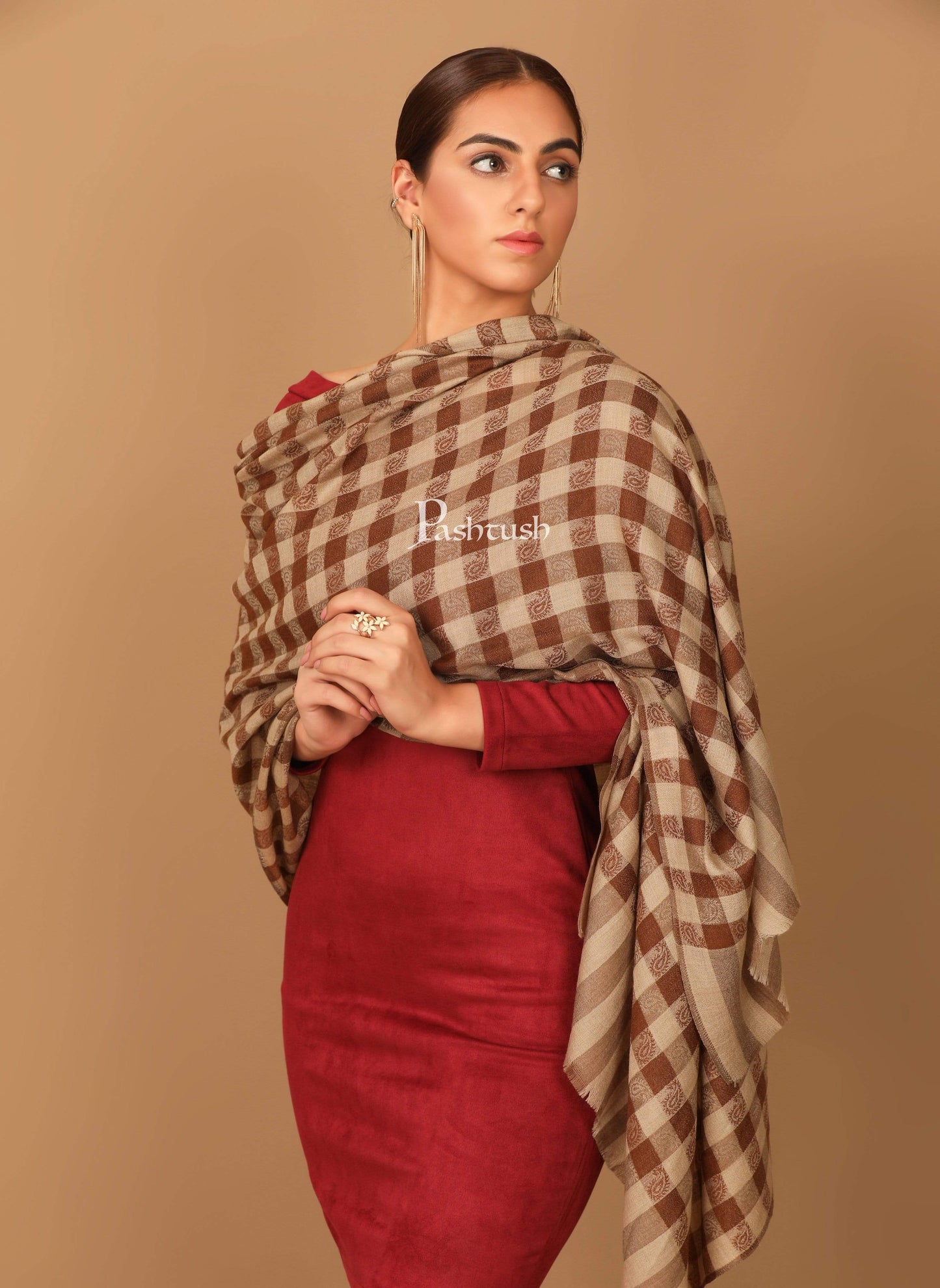 Pashtush India 70x200 Pashtush Womens Luxury Wool Check Scarf, Reversible, Extra-Fine, Mocha Brown