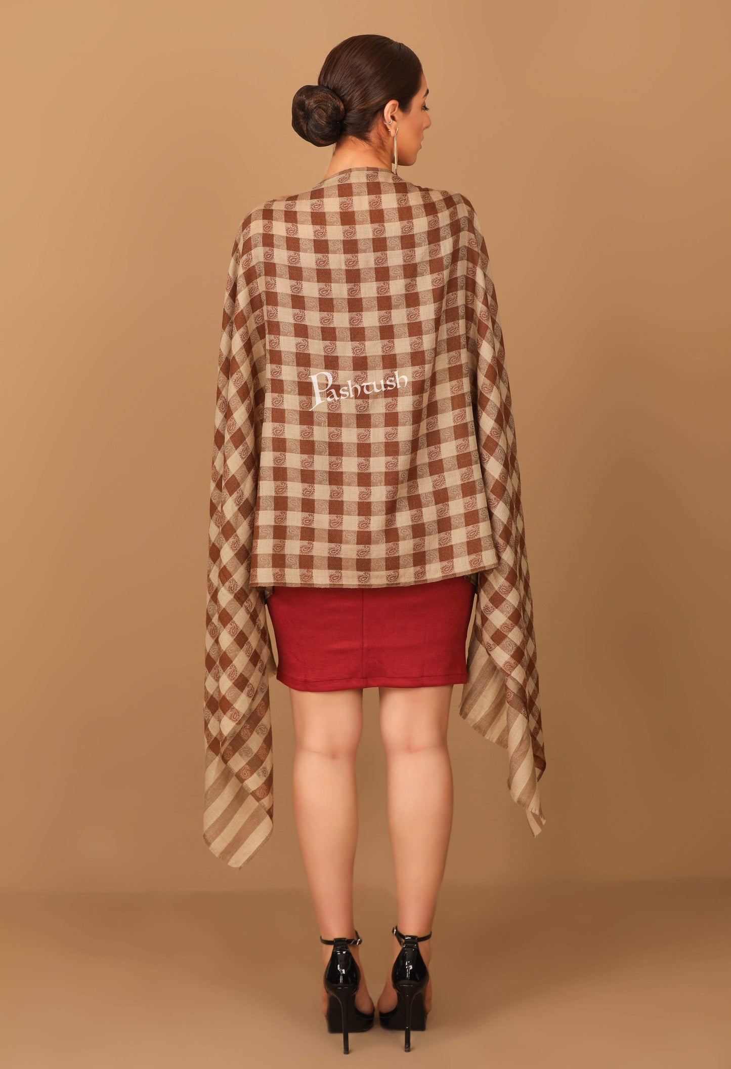 Pashtush India 70x200 Pashtush Womens Luxury Wool Check Scarf, Reversible, Extra-Fine, Mocha Brown