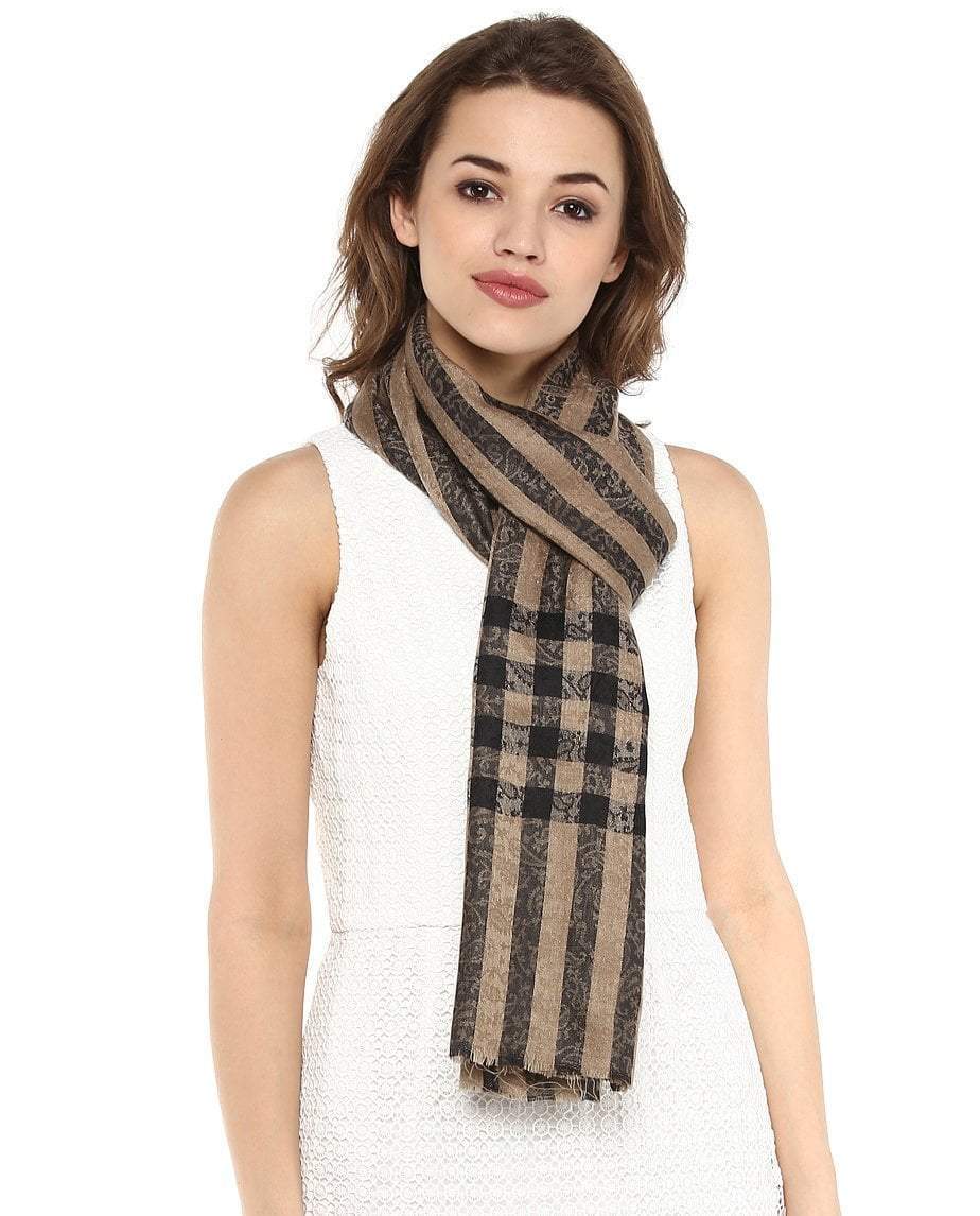 Pashtush India 70x200 Pashtush Womens Luxury Wool Check Scarf, Soft Pashmina Scarf Stole, Extra-Fine (black and beige)