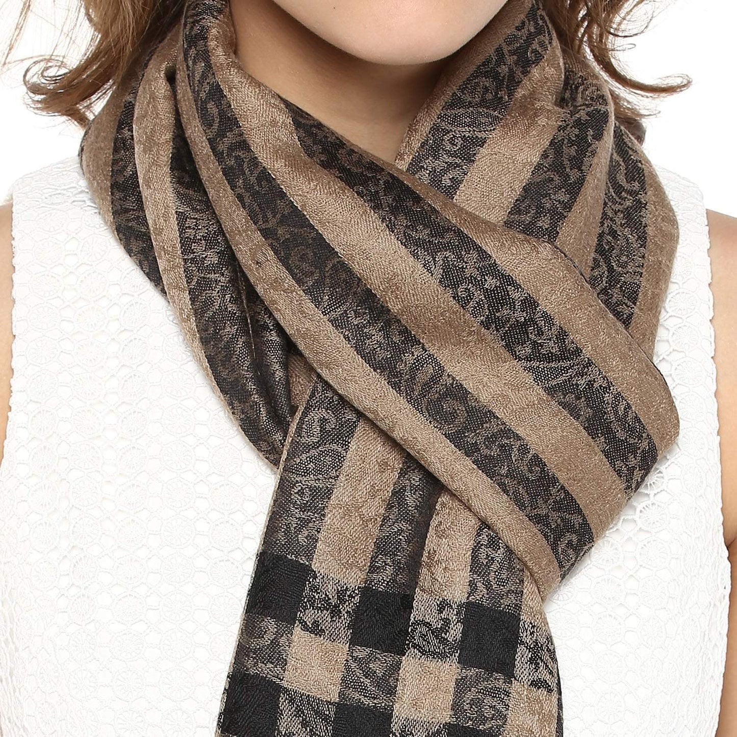 Pashtush India 70x200 Pashtush Womens Luxury Wool Check Scarf, Soft Pashmina Scarf Stole, Extra-Fine (black and beige)