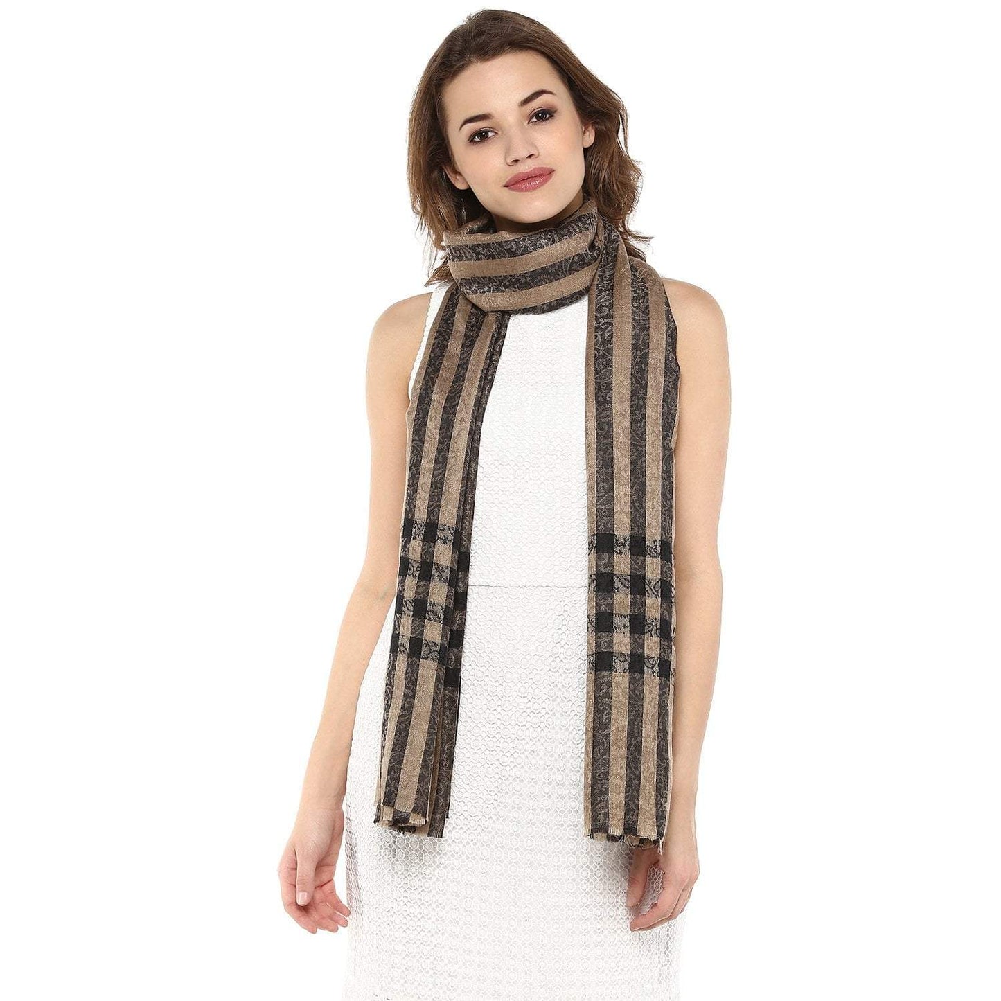Pashtush India 70x200 Pashtush Womens Luxury Wool Check Scarf, Soft Pashmina Scarf Stole, Extra-Fine (black and beige)