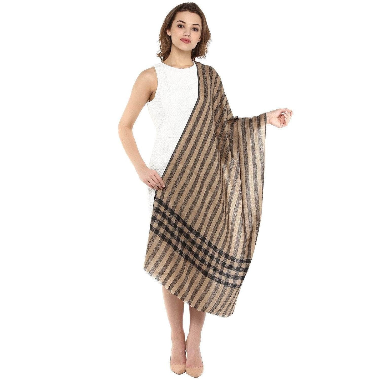 Pashtush India 70x200 Pashtush Womens Luxury Wool Check Scarf, Soft Pashmina Scarf Stole, Extra-Fine (black and beige)
