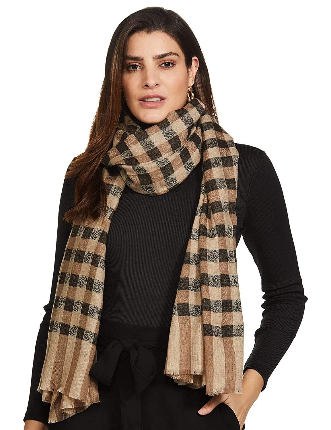 Pashtush India 70x200 Pashtush Womens Luxury Wool Checkered Scarf,  Reversible, Extra-Fine, Black and Beige