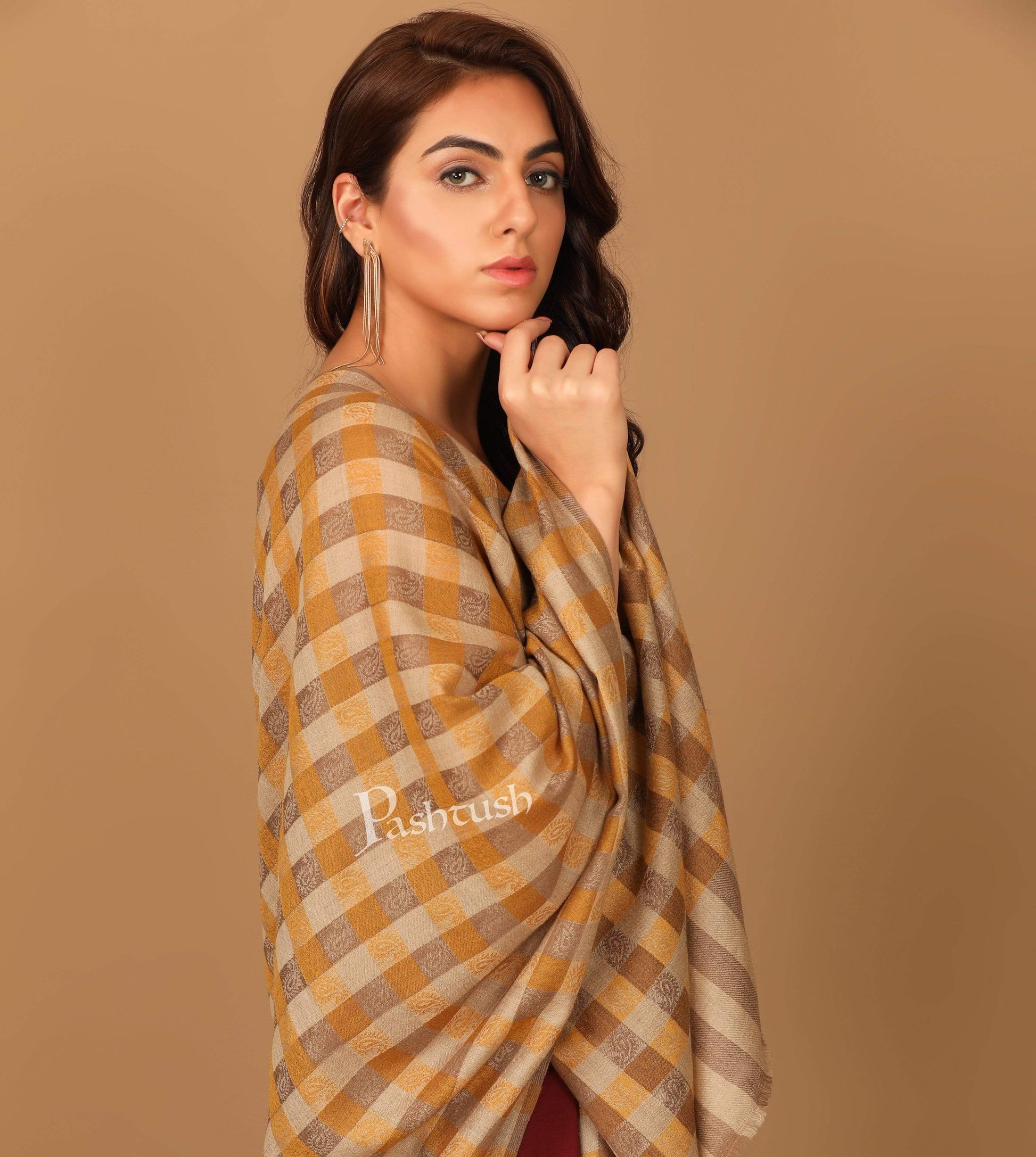 Pashtush India Stole Pashtush Womens Luxury Wool Checkered Scarf,  Reversible, Extra-Fine, Tuscan Sun