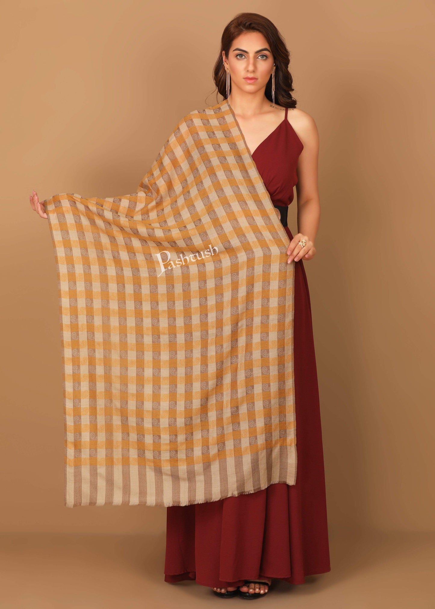 Pashtush India Stole Pashtush Womens Luxury Wool Checkered Scarf,  Reversible, Extra-Fine, Tuscan Sun