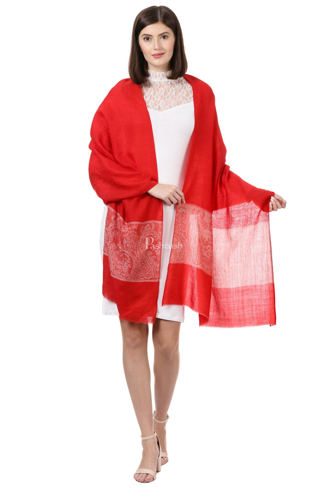 Pashtush India Womens Stoles and Scarves Scarf Pashtush Womens Luxury Wool Scarf, Fine Wool Stole, Scarlet Paisley