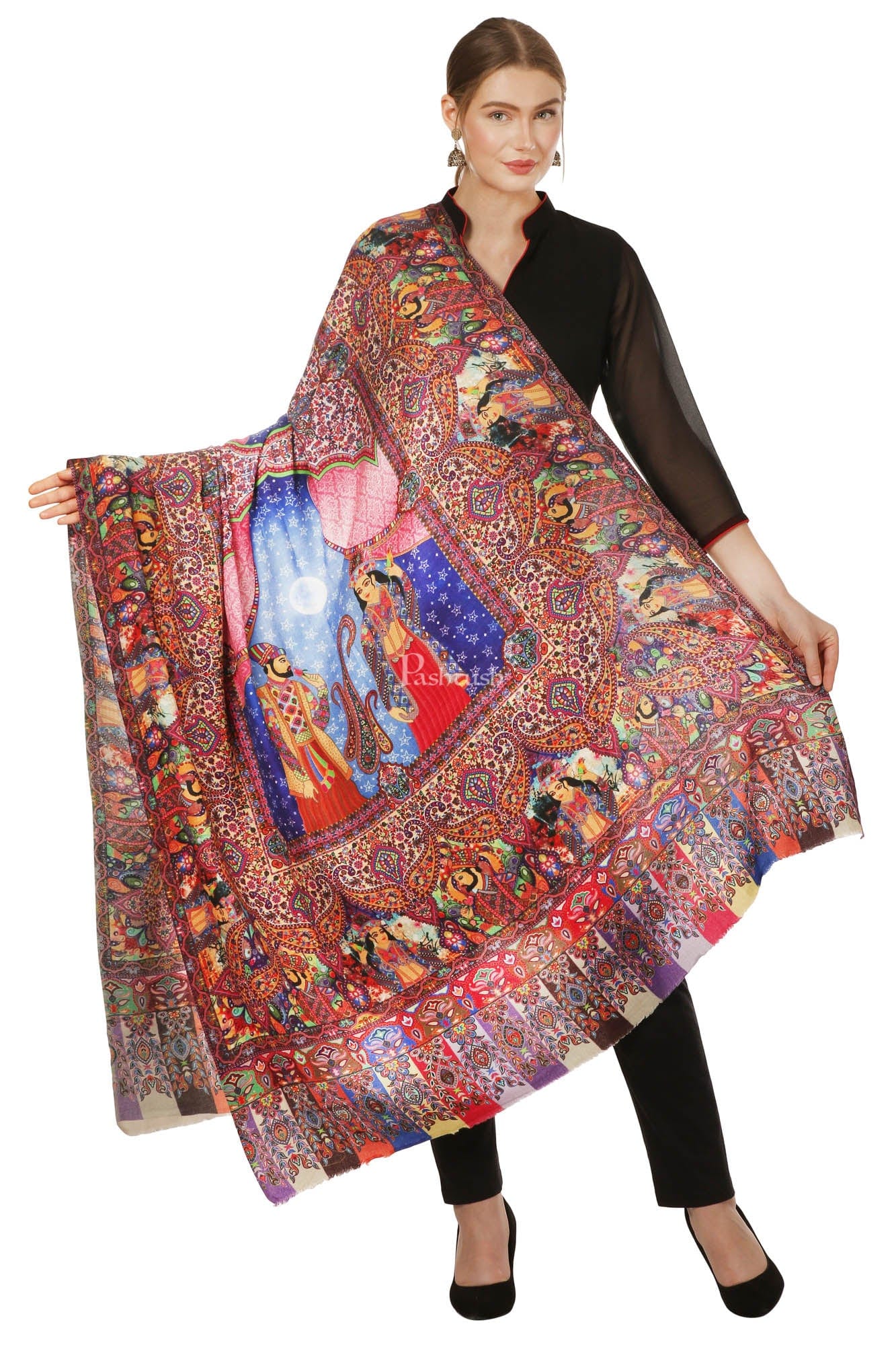 Pashtush India Womens Shawls Pashtush Womens Moon Shawl (Chand-Dar), Rashke Qamar (Envy Of The Moon), Love Story Shawl. (Woolmark Certified)