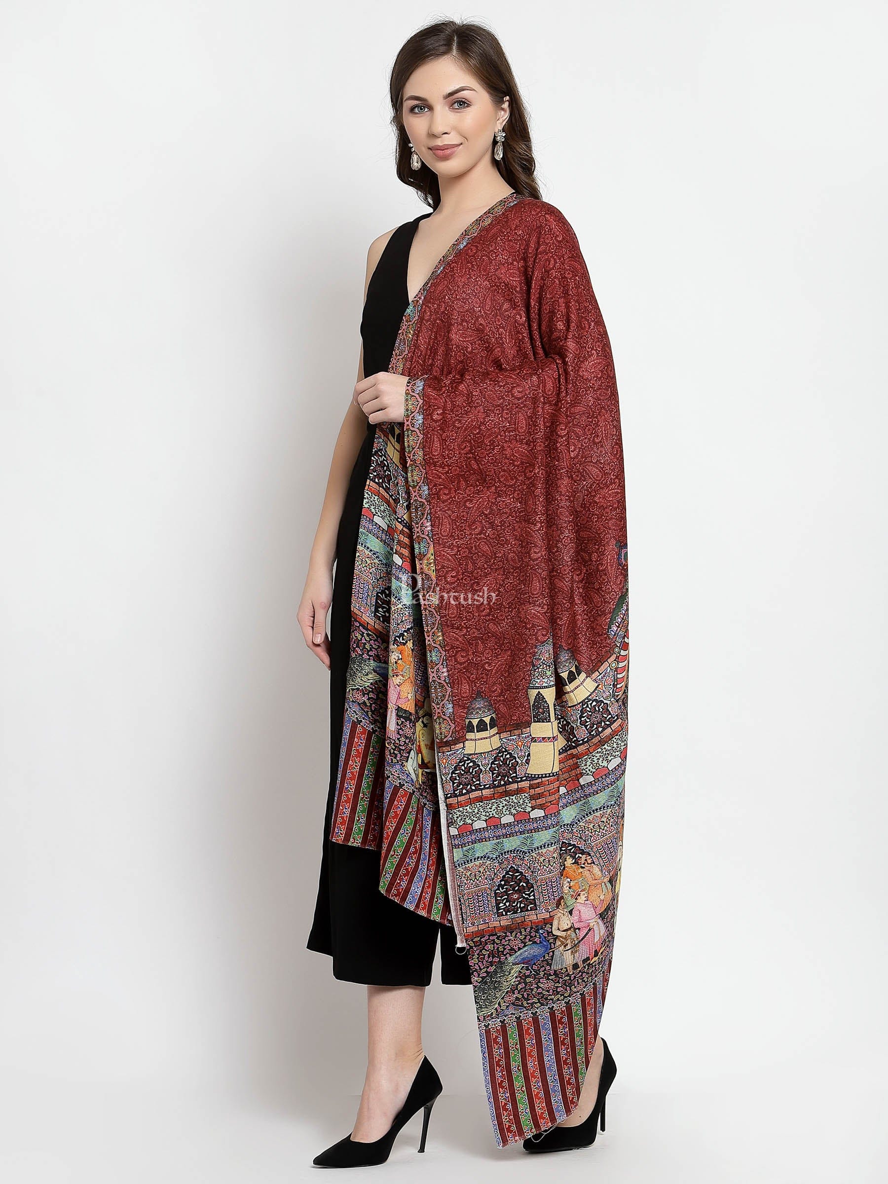Pashtush India Womens Shawls Pashtush Womens Mughal Darbar Printed Shawl, Crimson