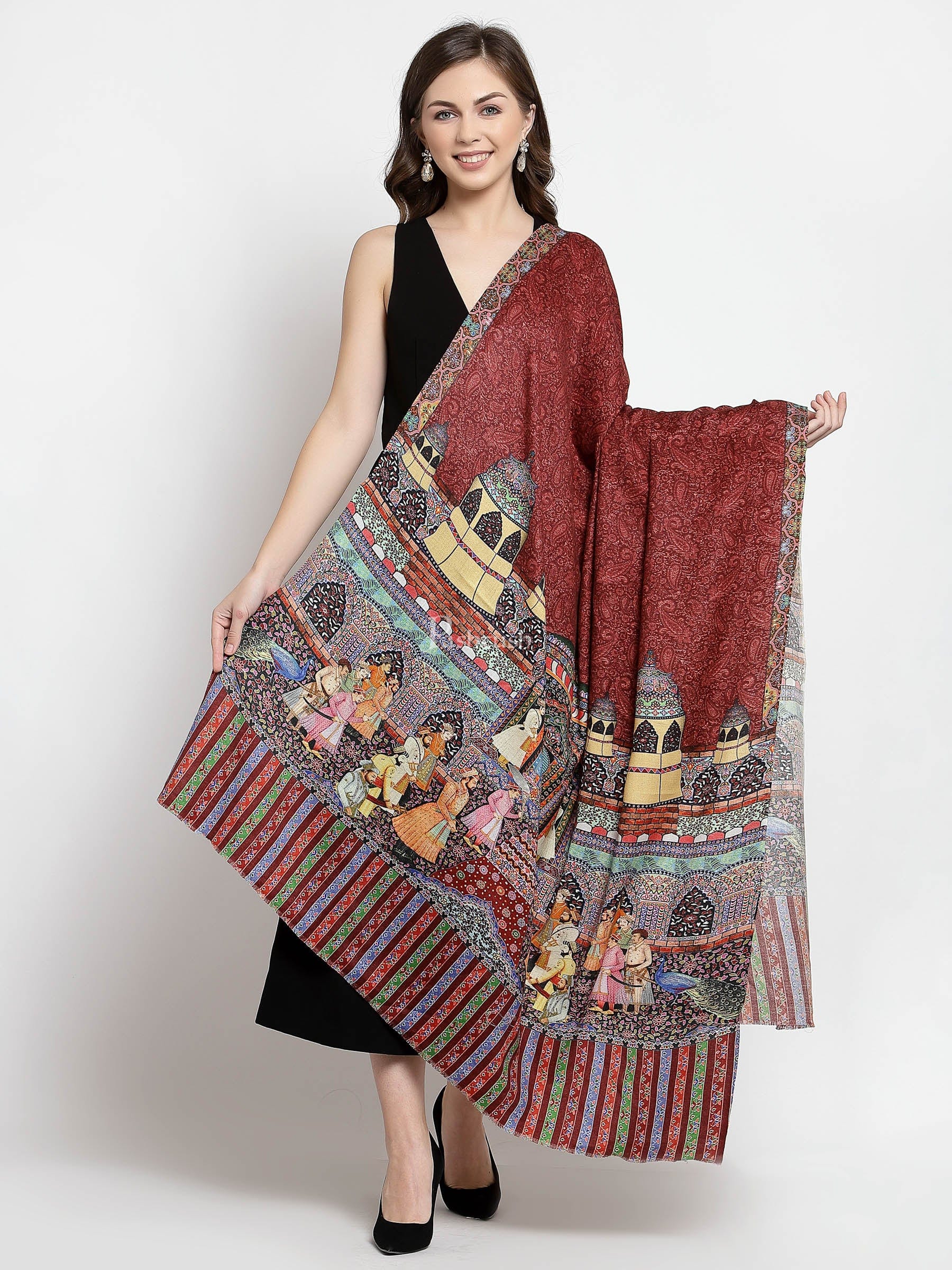 Pashtush India Womens Shawls Pashtush Womens Mughal Darbar Printed Shawl, Crimson