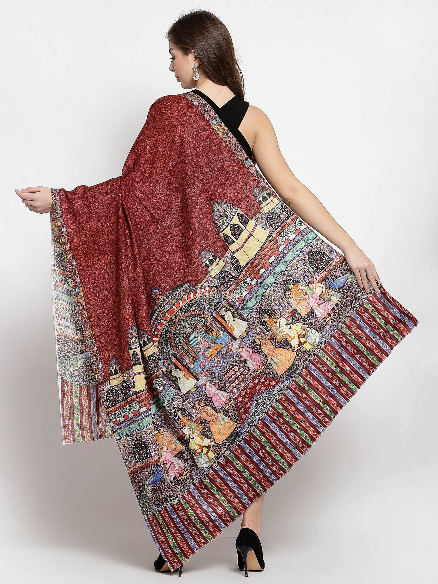 Pashtush India Womens Shawls Pashtush Womens Mughal Darbar Printed Shawl, Crimson