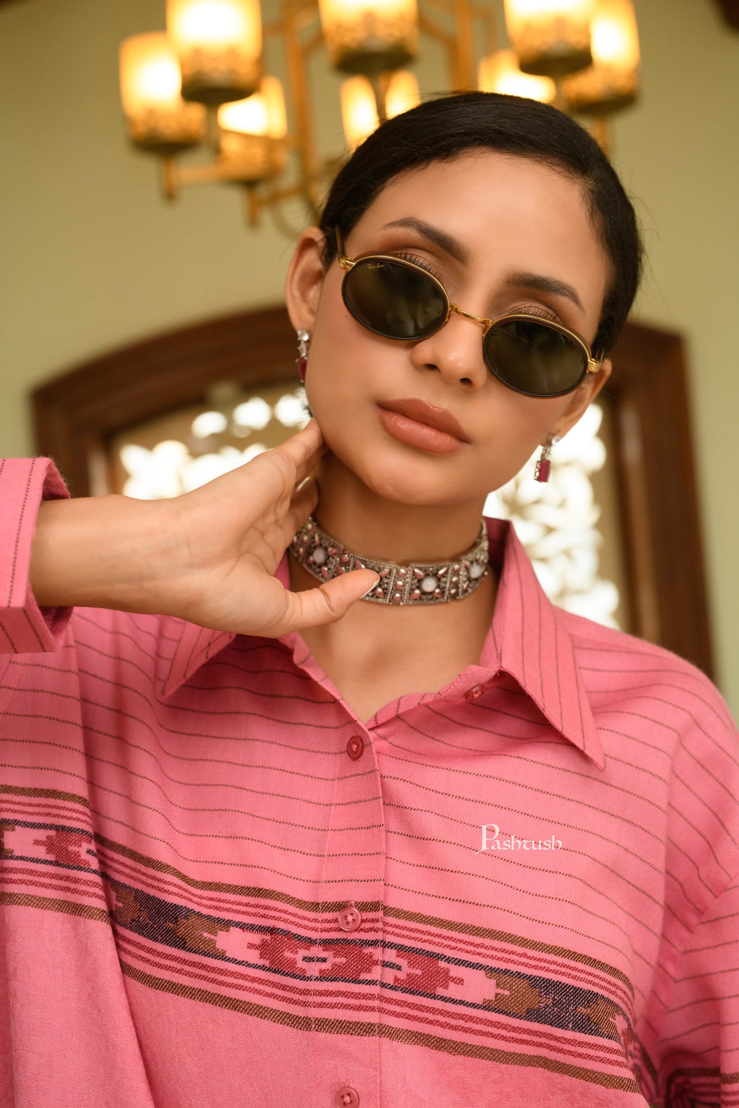 Pashtush India Womens Shirt Pashtush Womens Oversized Casual Woollen Shirt, Blush Pink