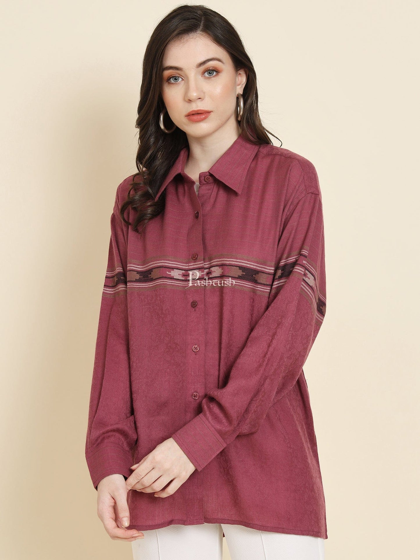 Pashtush India Womens Shirt Pashtush Womens Oversized Casual Woollen Shirt, Burgundy