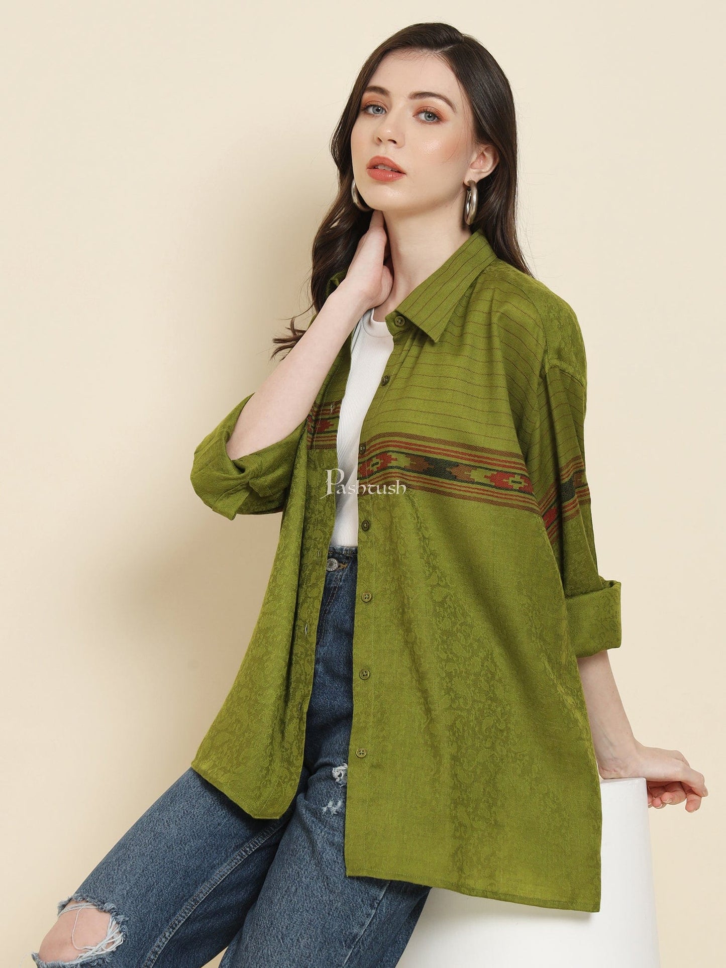 Pashtush India Womens Shirt Pashtush Womens Oversized Casual Woollen Shirt, Emerald Green
