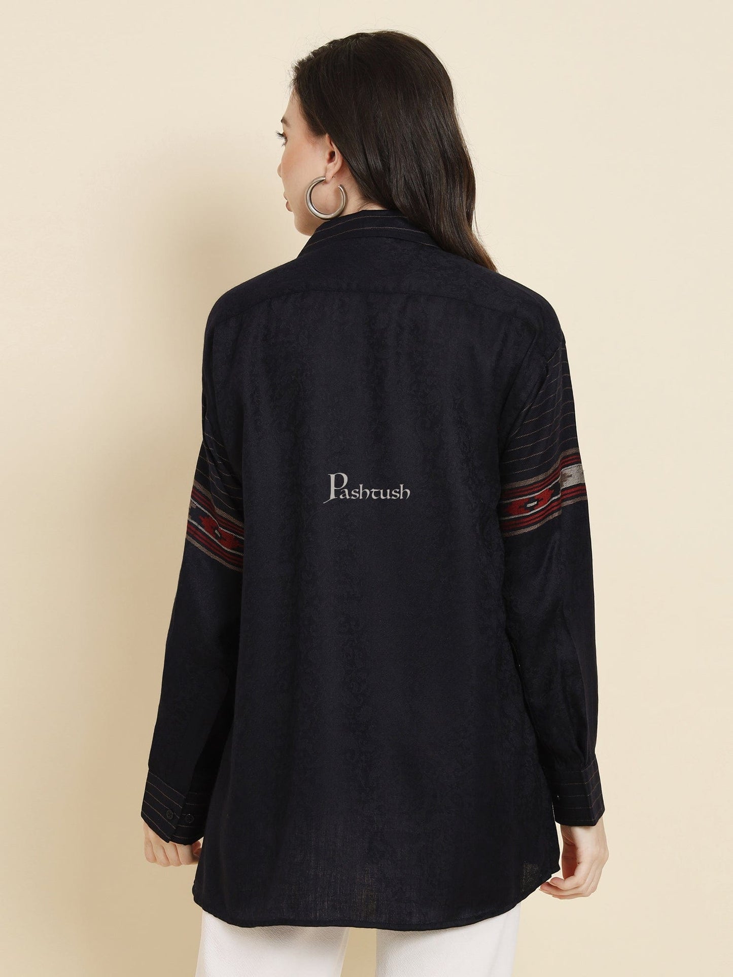 Pashtush India Womens Shirt Pashtush Womens Oversized Casual Woollen Shirt, Navy Blue
