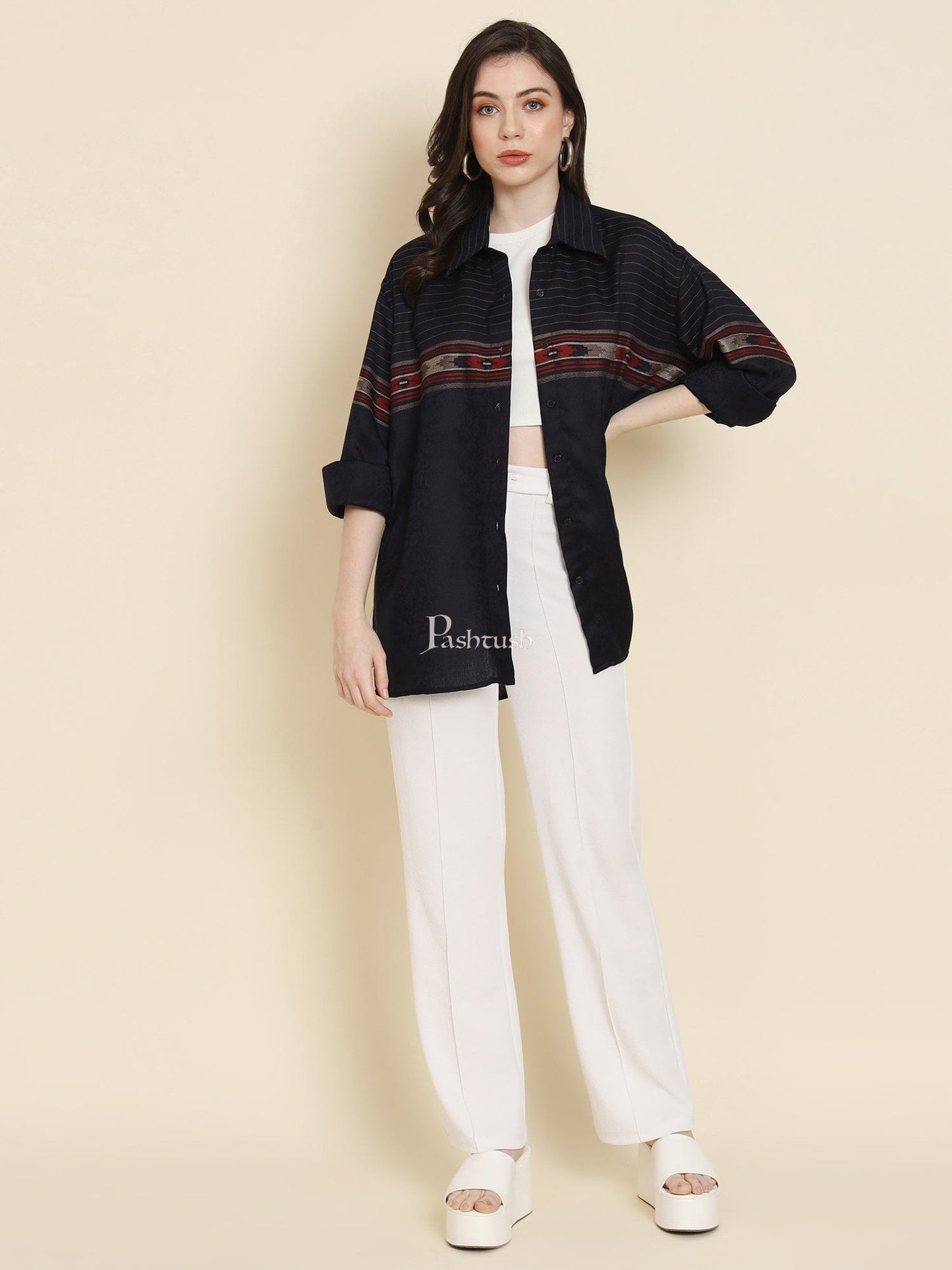 Pashtush India Womens Shirt Pashtush Womens Oversized Casual Woollen Shirt, Navy Blue