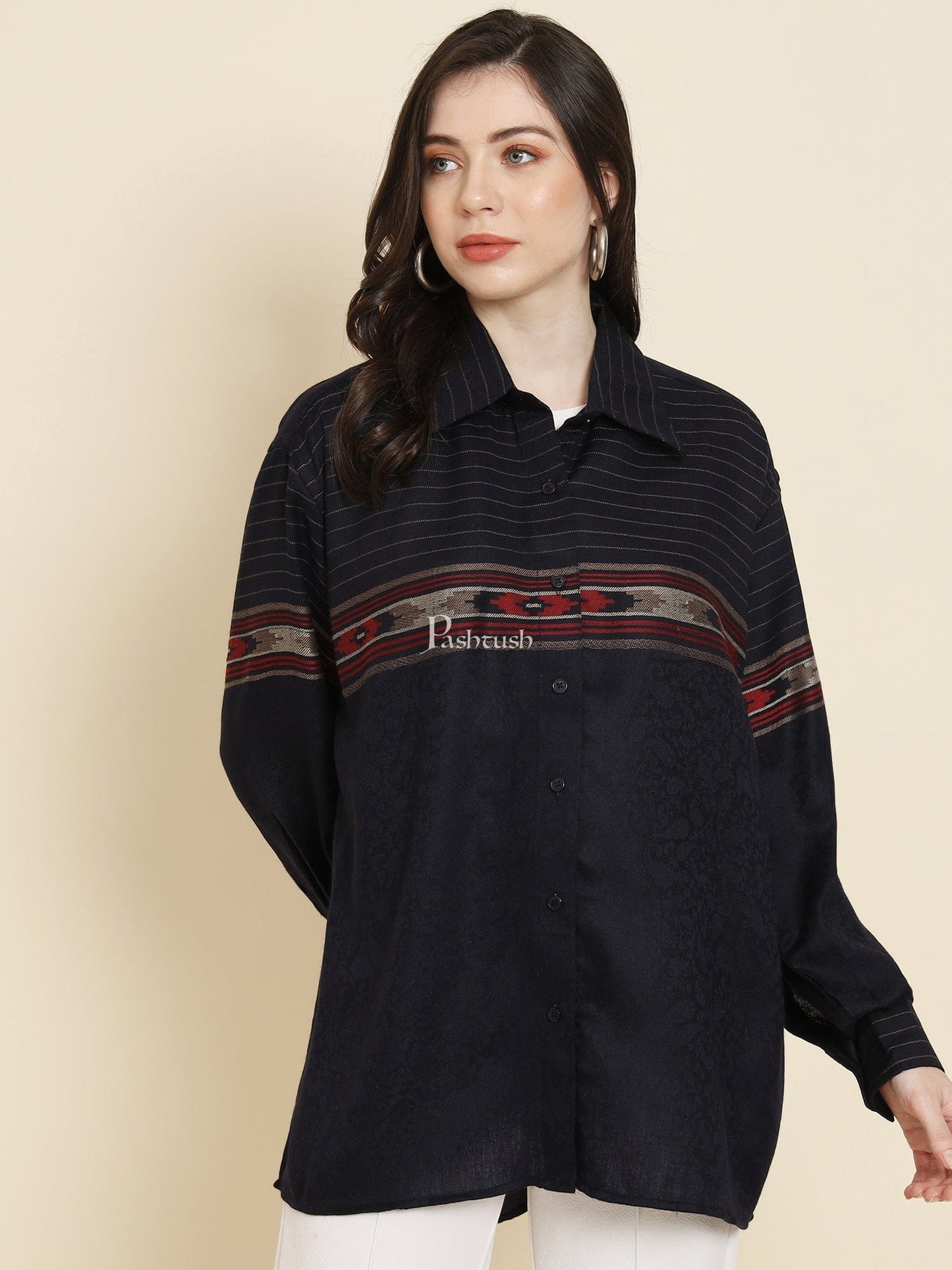 Pashtush India Womens Shirt Pashtush Womens Oversized Casual Woollen Shirt, Navy Blue