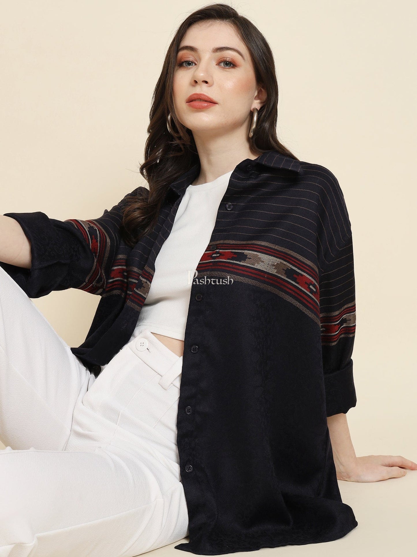 Pashtush India Womens Shirt Pashtush Womens Oversized Casual Woollen Shirt, Navy Blue