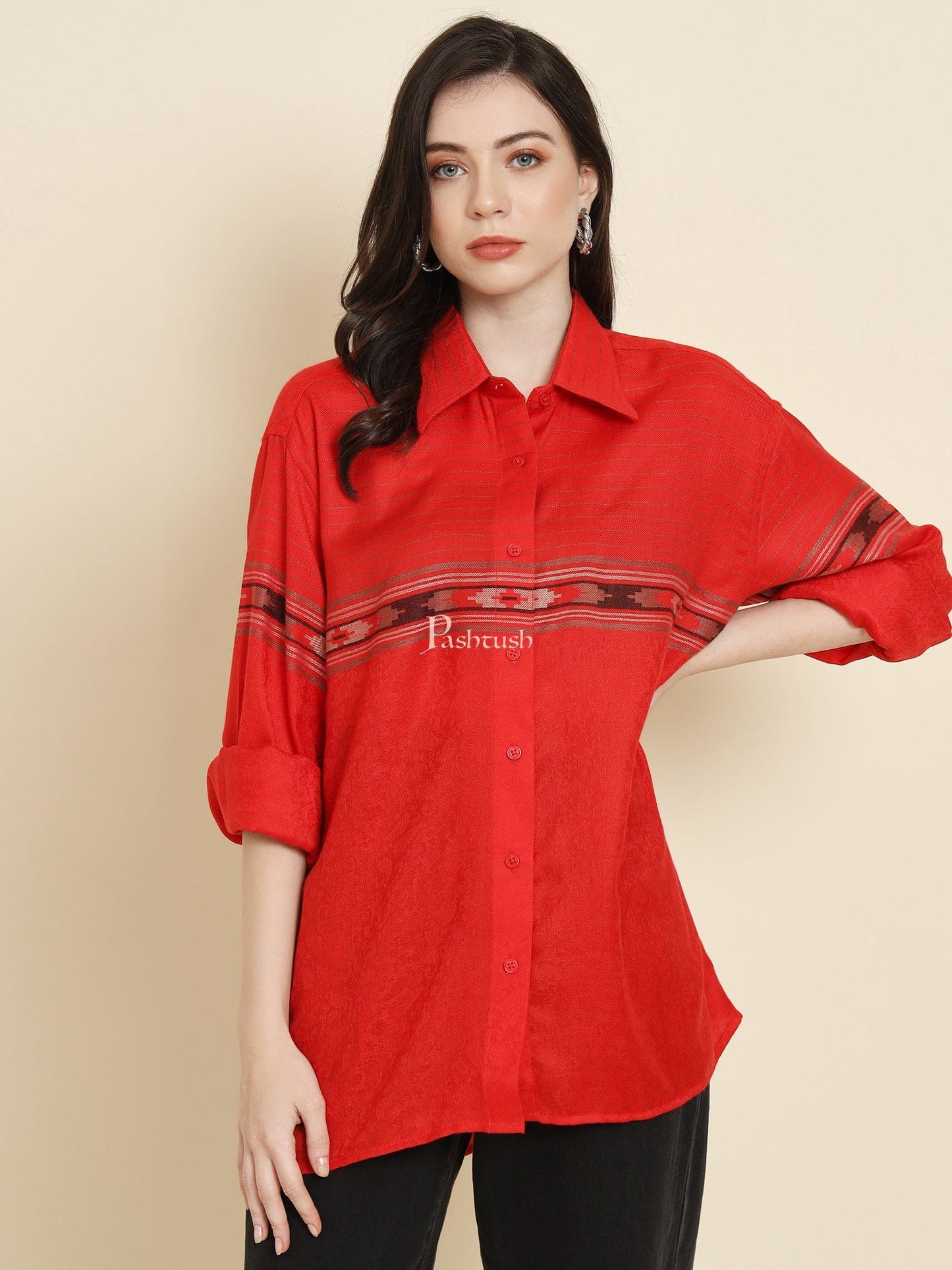Pashtush India Womens Shirt Pashtush Womens Oversized Casual Woollen Shirt, Red