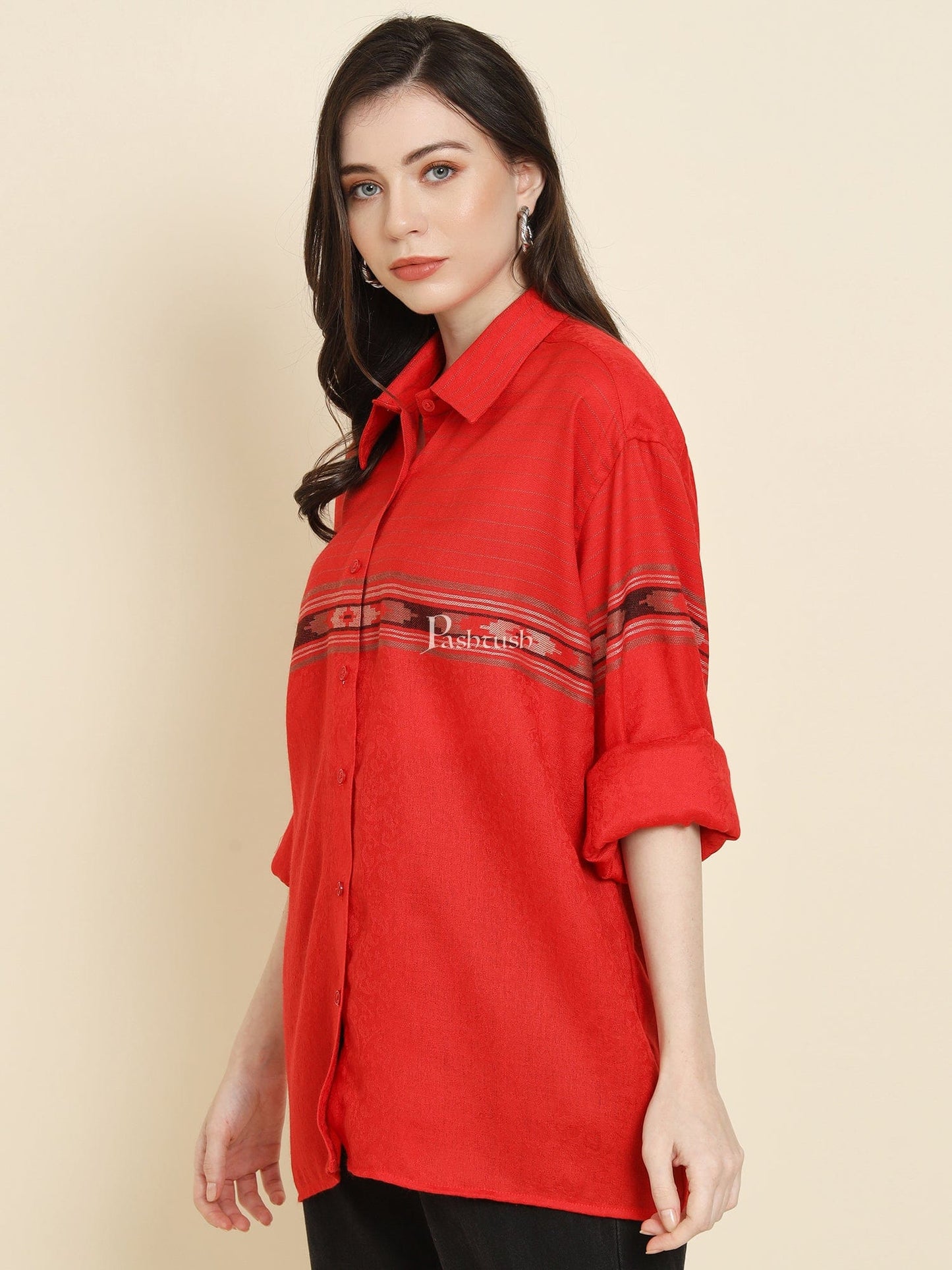 Pashtush India Womens Shirt Pashtush Womens Oversized Casual Woollen Shirt, Red