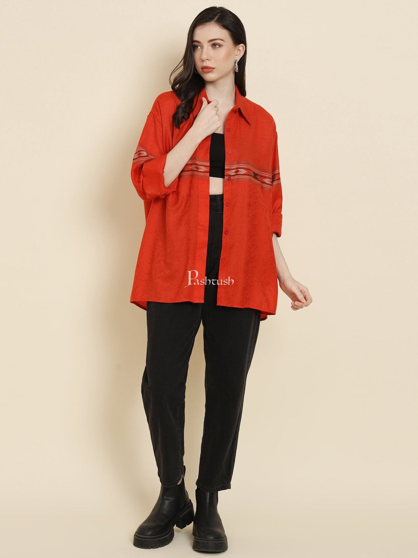 Pashtush India Womens Shirt Pashtush Womens Oversized Casual Woollen Shirt, Scarlet Red