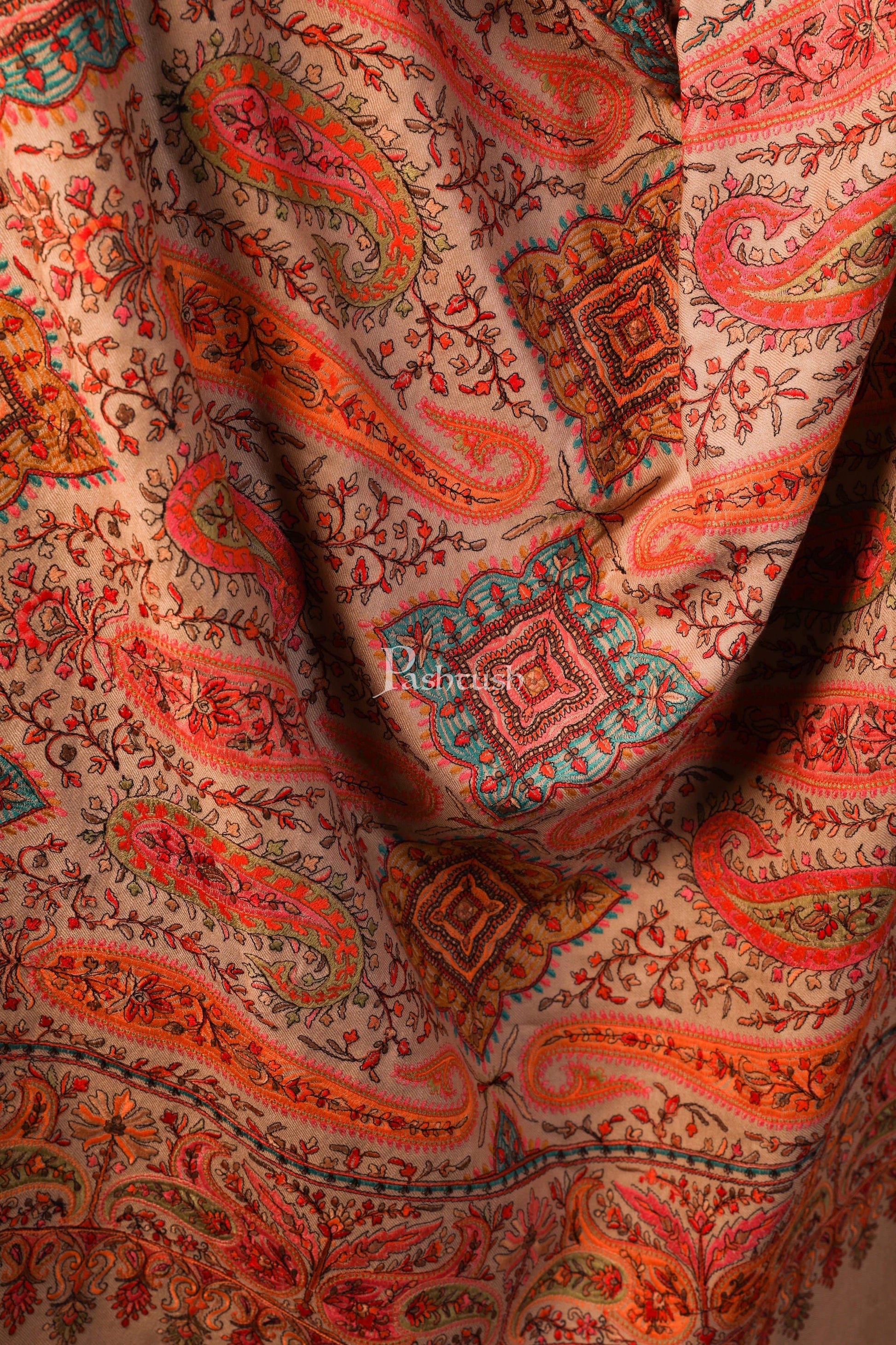 Pashtush India 100x200 Pashtush Womens Papier-mâché Embroidered Shawl, Fine Wool with Silky Embroidery, Beige