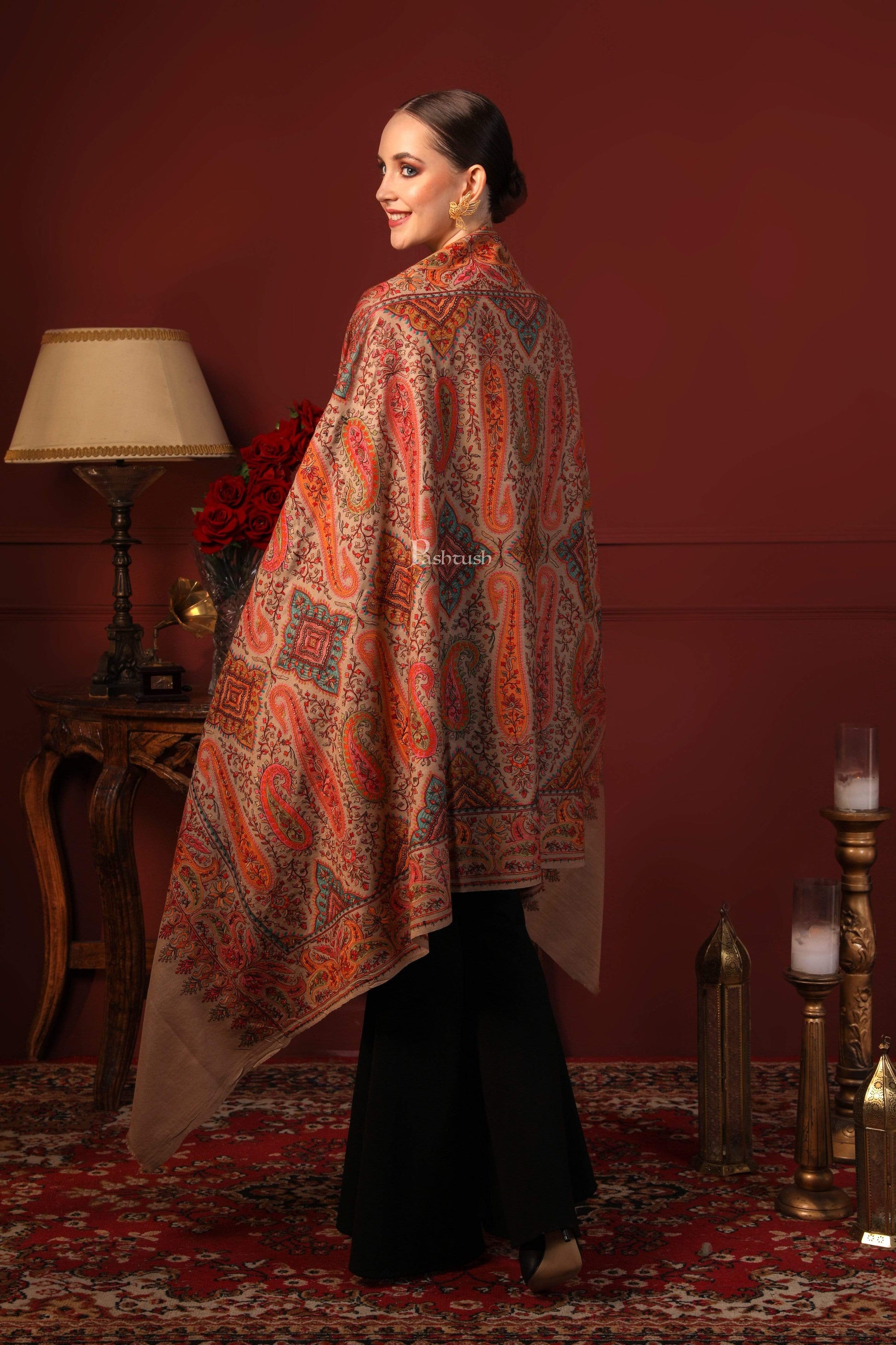 Pashtush India 100x200 Pashtush Womens Papier-mâché Embroidered Shawl, Fine Wool with Silky Embroidery, Beige